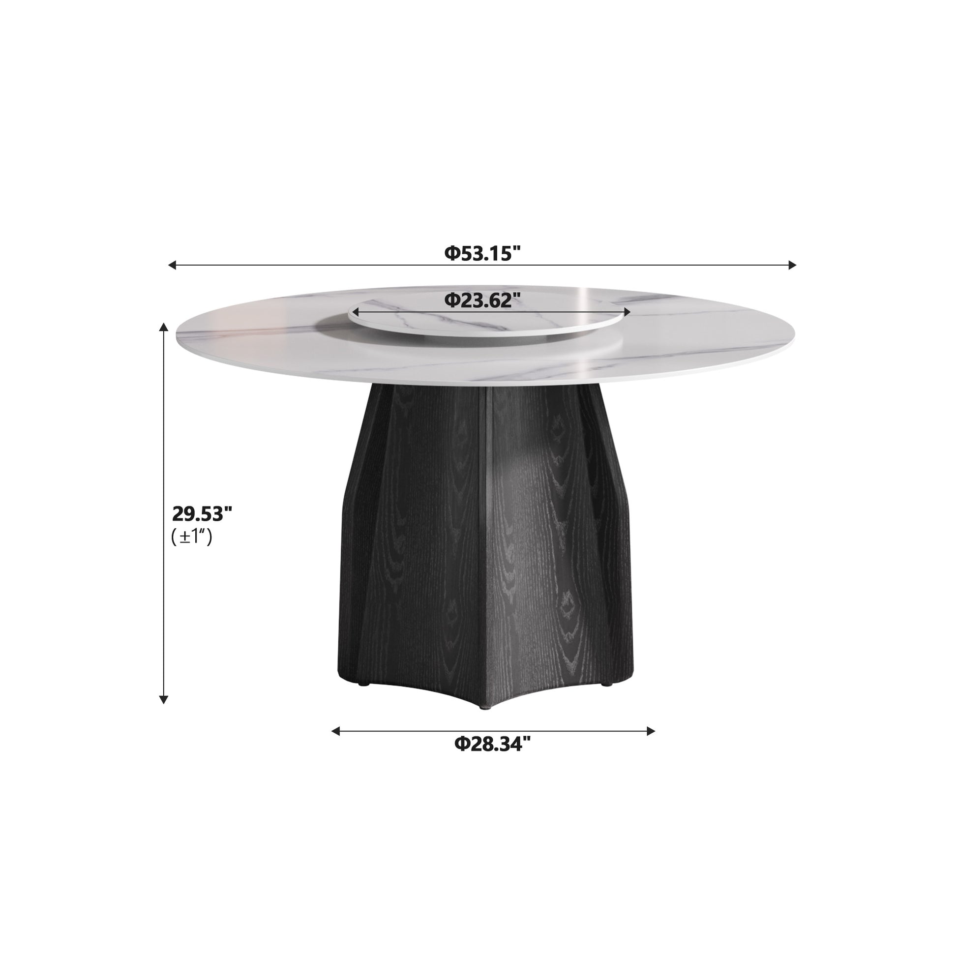 53" Round Marble Dining Table With Black Textured Solid Wood Base, Artificial Marble For 6 People, 23.62"White Artificial Stone Turntable,White Dining Table Only White Dining Room Modern Round Metal