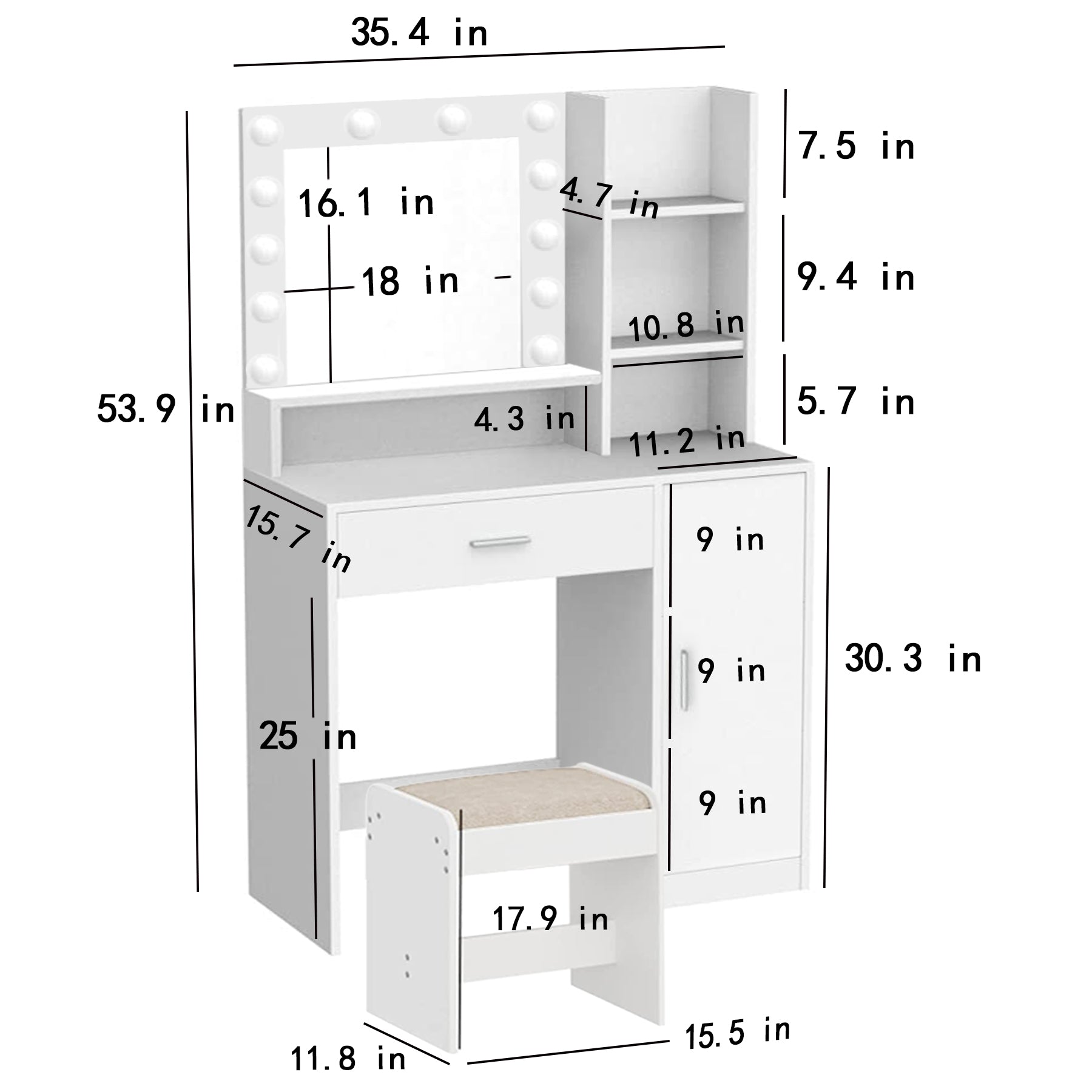 Vanity Desk With Mirror & Light, Large Drawer Three Level Storage Dresser, 3 Lighting Modes Adjustable Brightness, Bedroom Dressing Table White With Stool White Particle Board