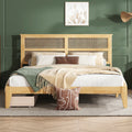 King Size Bed With Rattan Headboard, Two Storage Drawers, Rubber Wood Bed With Enhanced Support Salts And Feet,White Oak King White Oak Rubber Wood