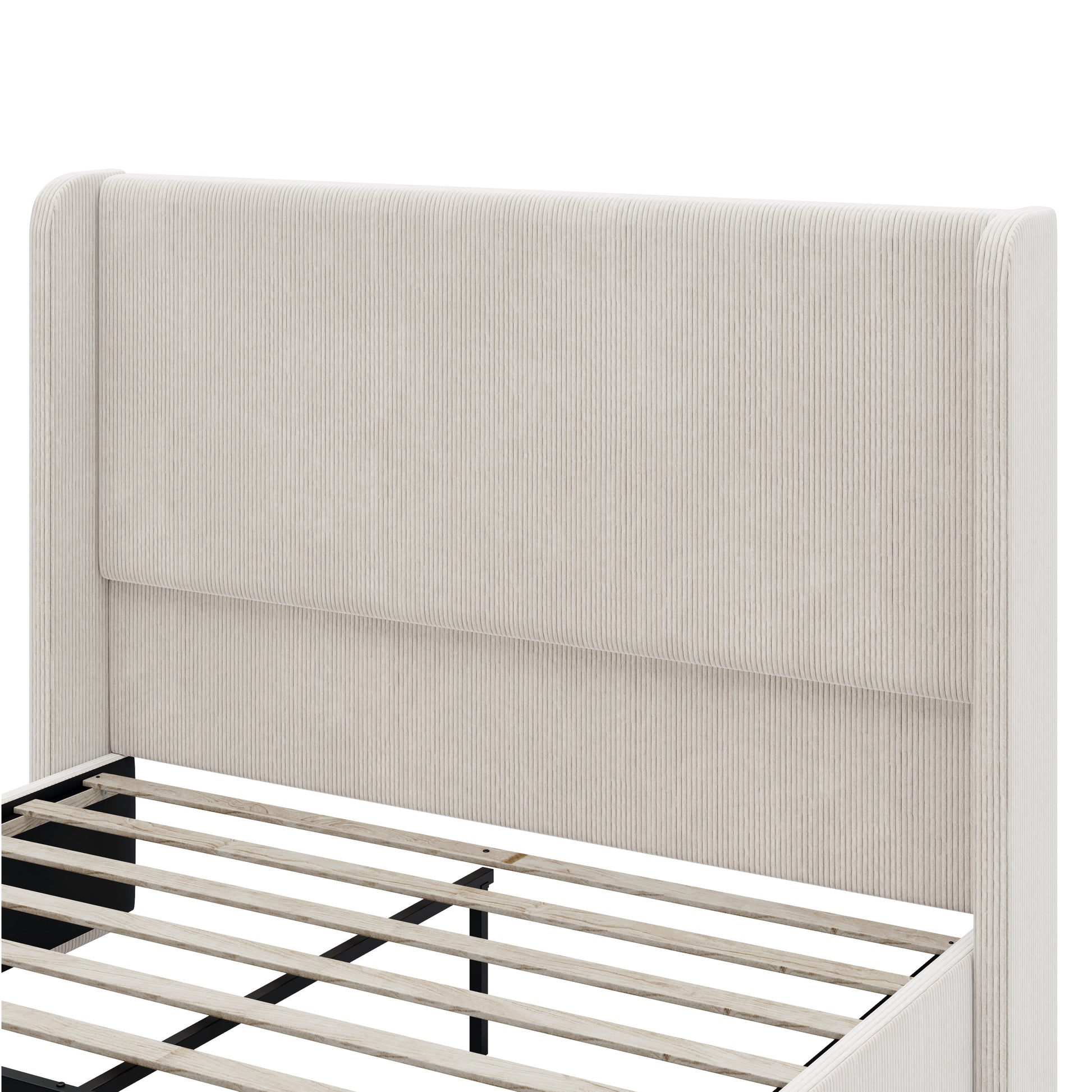 King Size Corduroy Upholstered Bed Frame With Vertical Stripe Wingback Headboard And High Footboard, Light Grey Light Grey Wood
