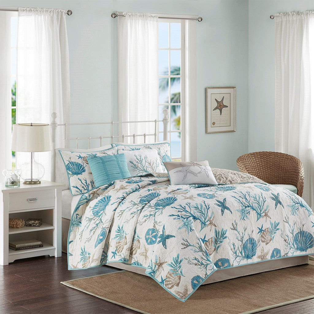 6 Piece Cotton Sateen Quilt Set With Throw Pillows Aqua King Cal King King Aqua Cotton