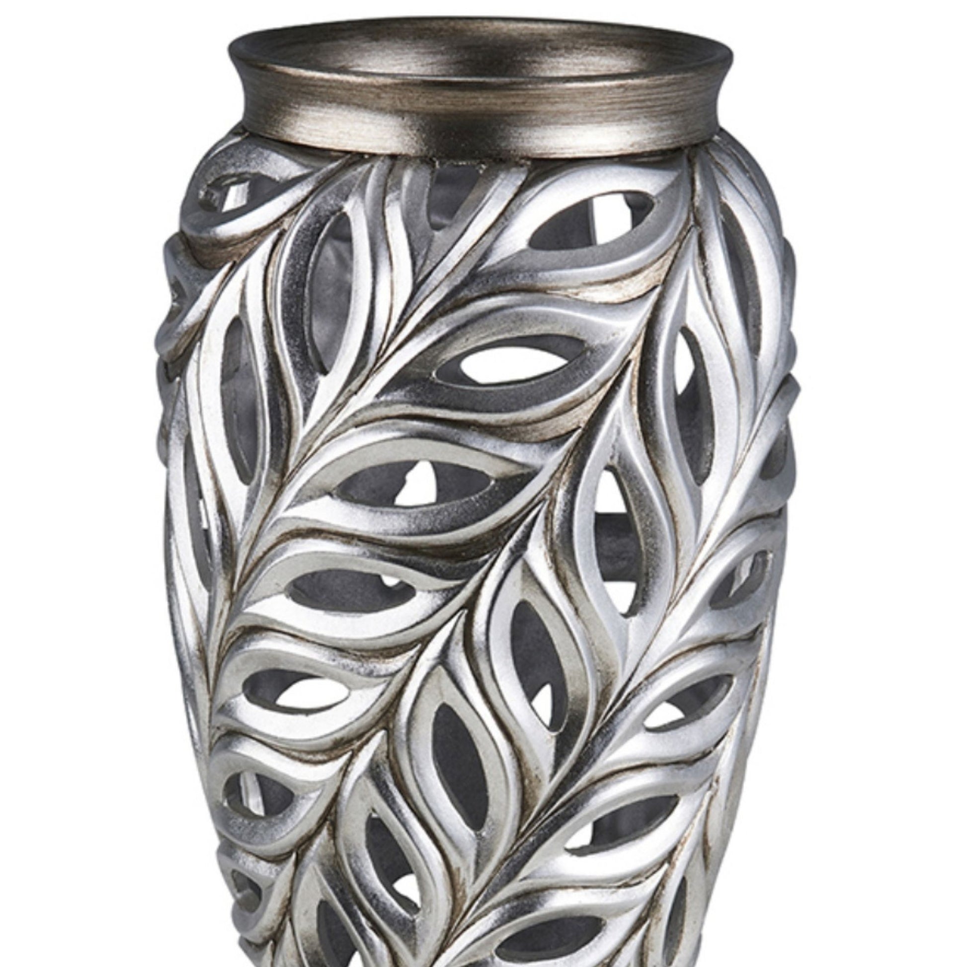 15.75" Tall Polyresin Decorative Vase "Kiara", Silver Peacock Feathers Design Silver Polyresin