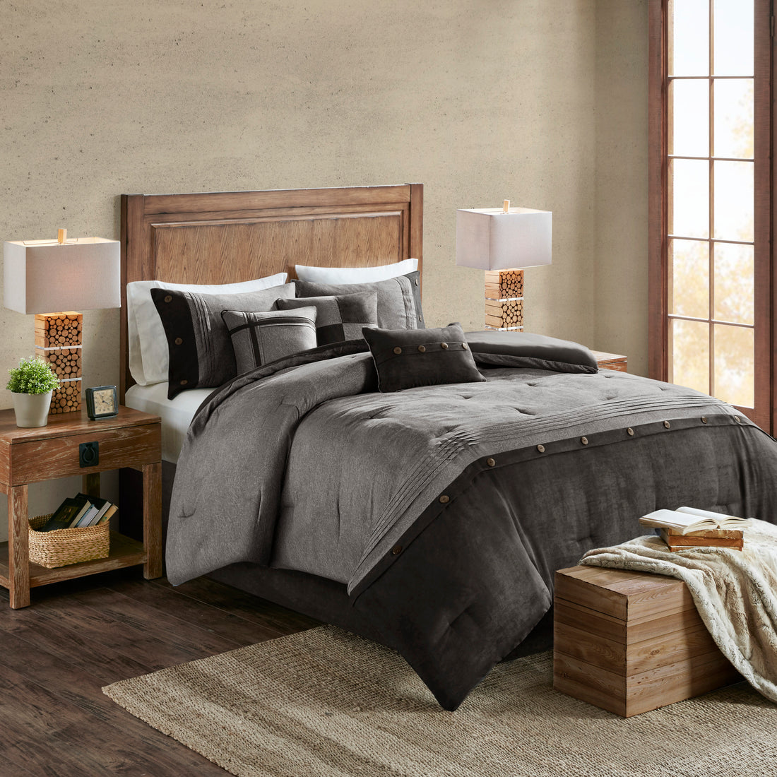 7 Piece Faux Suede Comforter Set Grey Cal King California King Grey Polyester
