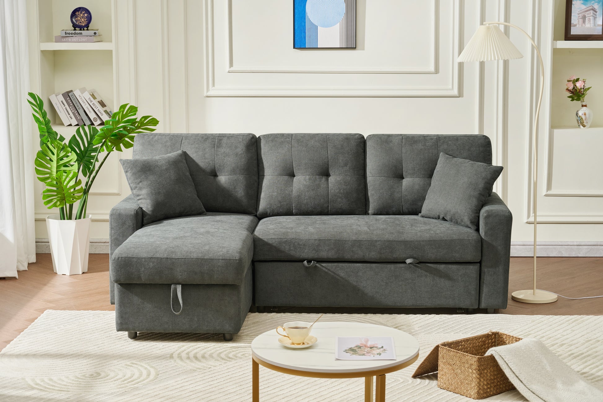 Sectional Sofa Bed L Shaped Sofa Couch Bed With Usb Port, Reversible Sofa Couch Sleeper With Pull Out Bed, Chaise With Storage, Pull Out Couch For Living Room Dark Gray Wood Fabric 3 Seat
