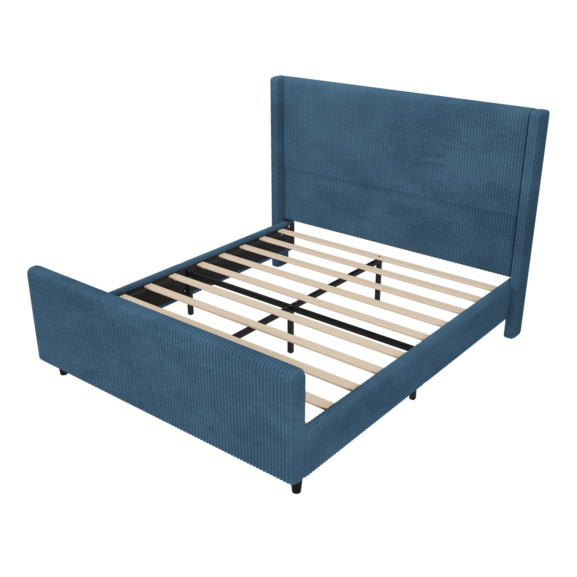 50.7'' High Headboard Corduroy Upholstered Bed Frame With Vertical Stripe Wingback And High Footboard No Box Spring Needed, Queen Size, Blue Box Spring Not Required Queen Blue Wood Bedroom Modern