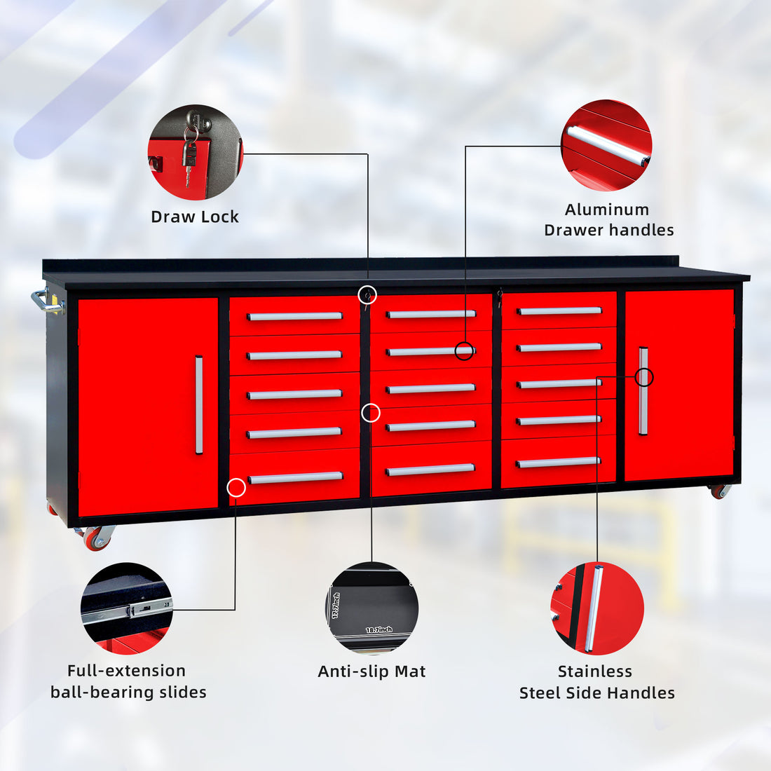 10Ft Storage Cabinet With Work Bench 15 Drawers & 2 Cabinets Red Red Steel