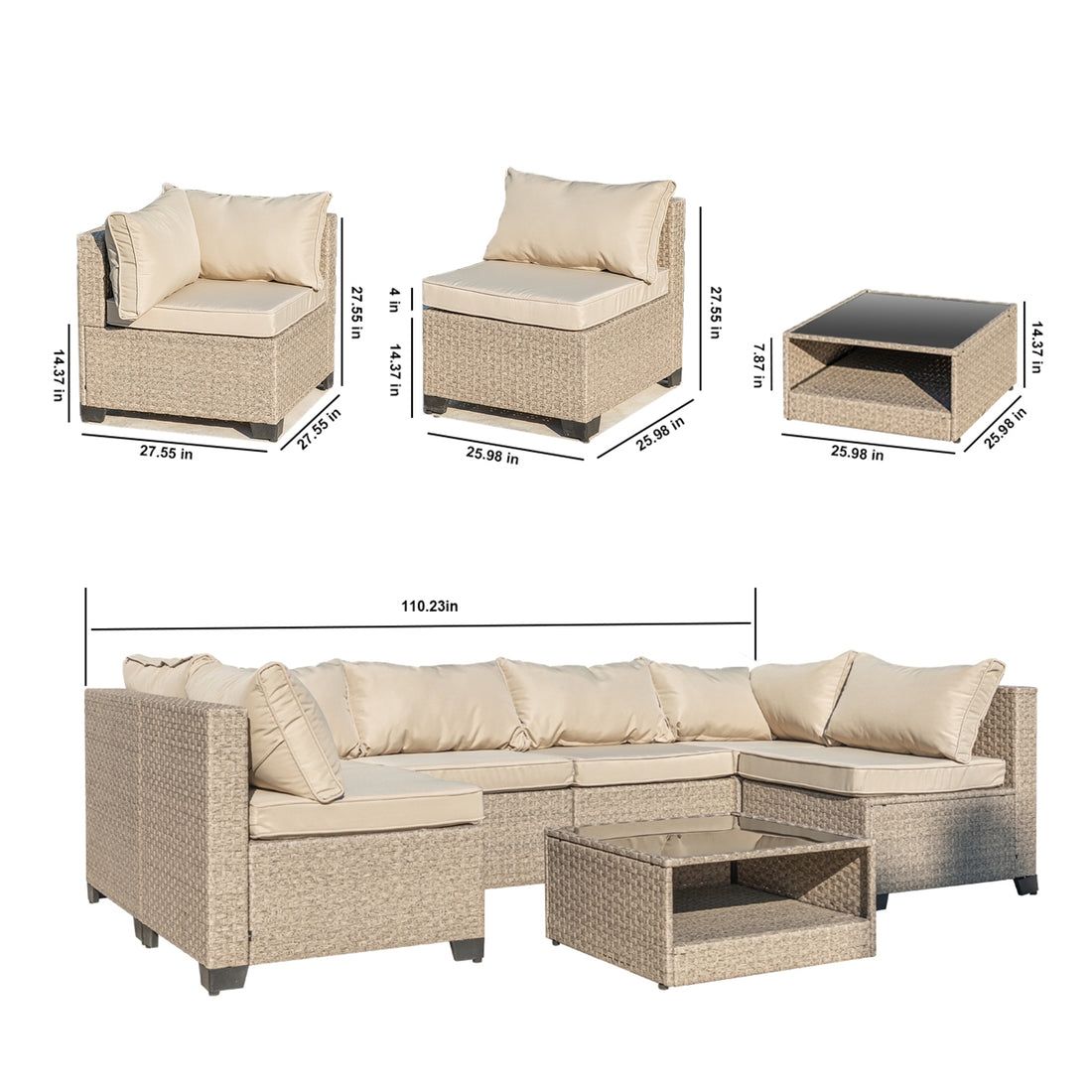 7 Piece Patio Furniture Set, All Weather Boho Outdoor Conversation Set Sectional Sofa With Water Resistant Grey Thick Cushions Light Khaki Beige Metal