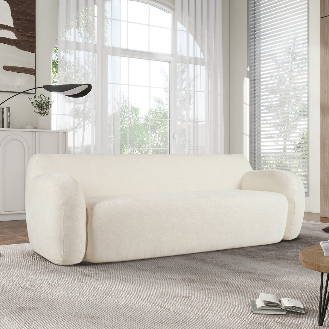 81.5'' Minimalist Curved Upholstered Sofa, 3 Seat Modular Casual Sofa For Living Room, Bedroom, And Apartments Beige Polyester 3 Seat