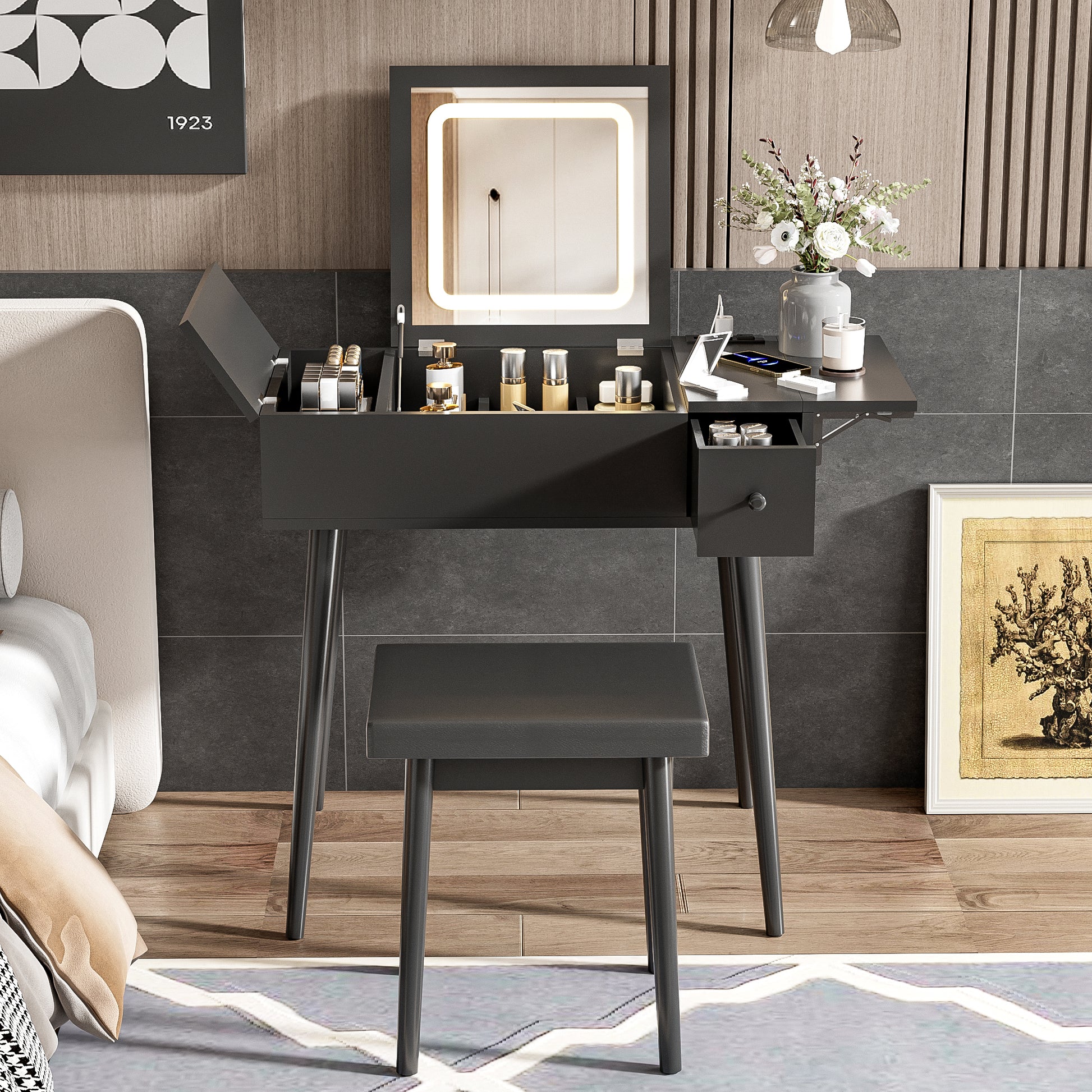 27.9'' Black Makeup Vanity Desk With Flip Top Mirror And Led Light, Dressing Table With Charging Station, 2 Drawers And Fold Up Panel, Vanity Set With Cushioned Stool For Bedroom Black