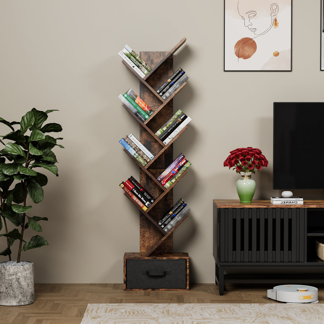 9 Tier Tree Bookshelf With Drawer Bookcase, Modern Book Storage, Free Standing Tree Bookcase, Utility Organizer Shelves For Home Office, Living Room, Bedroom, Rustic Brown Deep Rustic Brown Metal