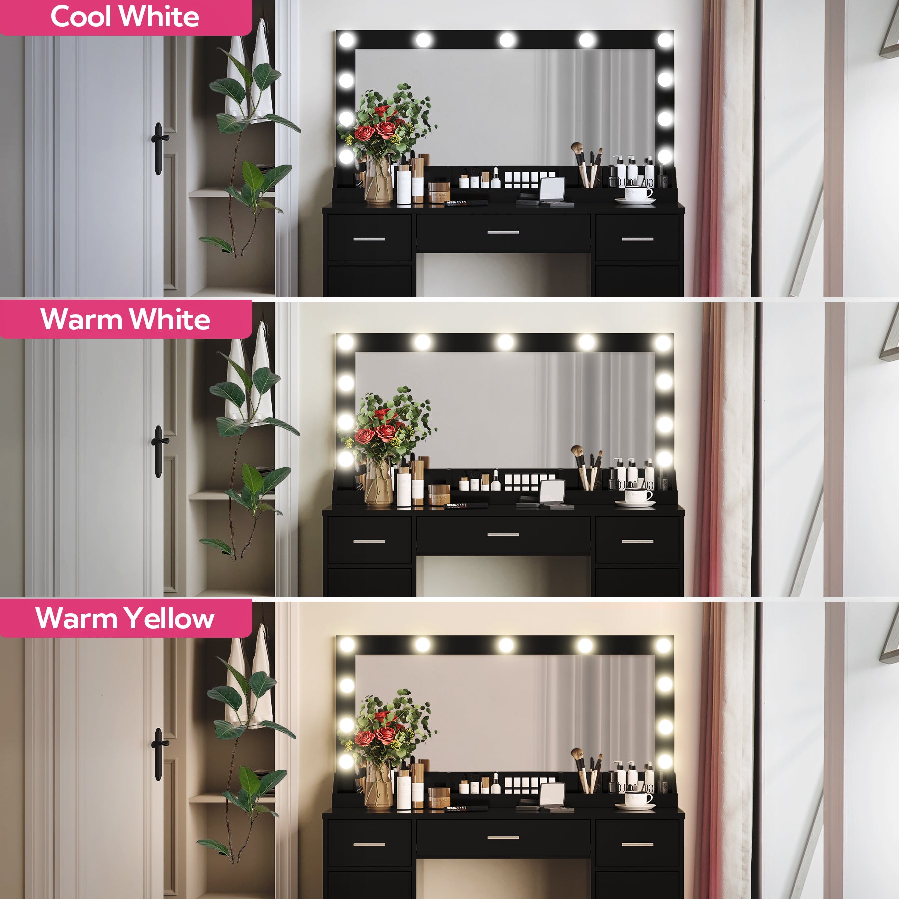 47.2"Vanity Desk With Large Mirror, 3 Colour Lighting Modes, Adjustable Brightness, Dresser With 3 Drawers & 2 Vertical Cabinets, Makeup Vanity Table For Women & Girls Black Black Particle Board