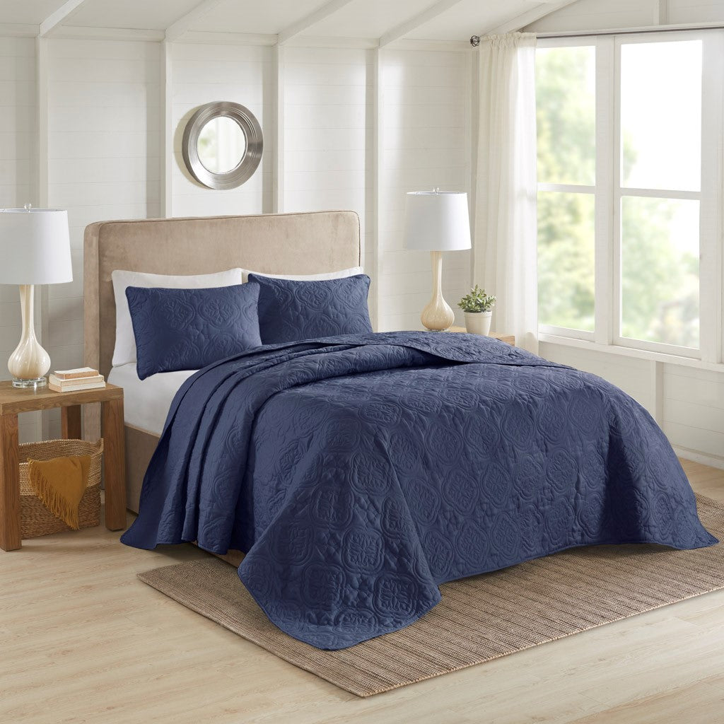 3 Piece Reversible Bedspread Set Navy Full Queen Queen Navy Polyester