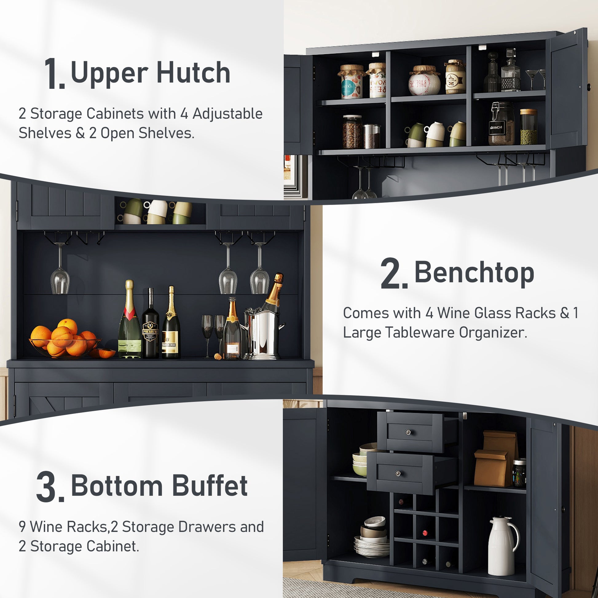 Coffee Bar Cabinet Kitchen Cabinet With Storage, Farmhouse Wine Cabinet With Drawers Shelves And Cabinets, Buffet Cabinet Wine & Glass Racks For Dining Room, Kitchen, Dark Blue Antique Blue Particle
