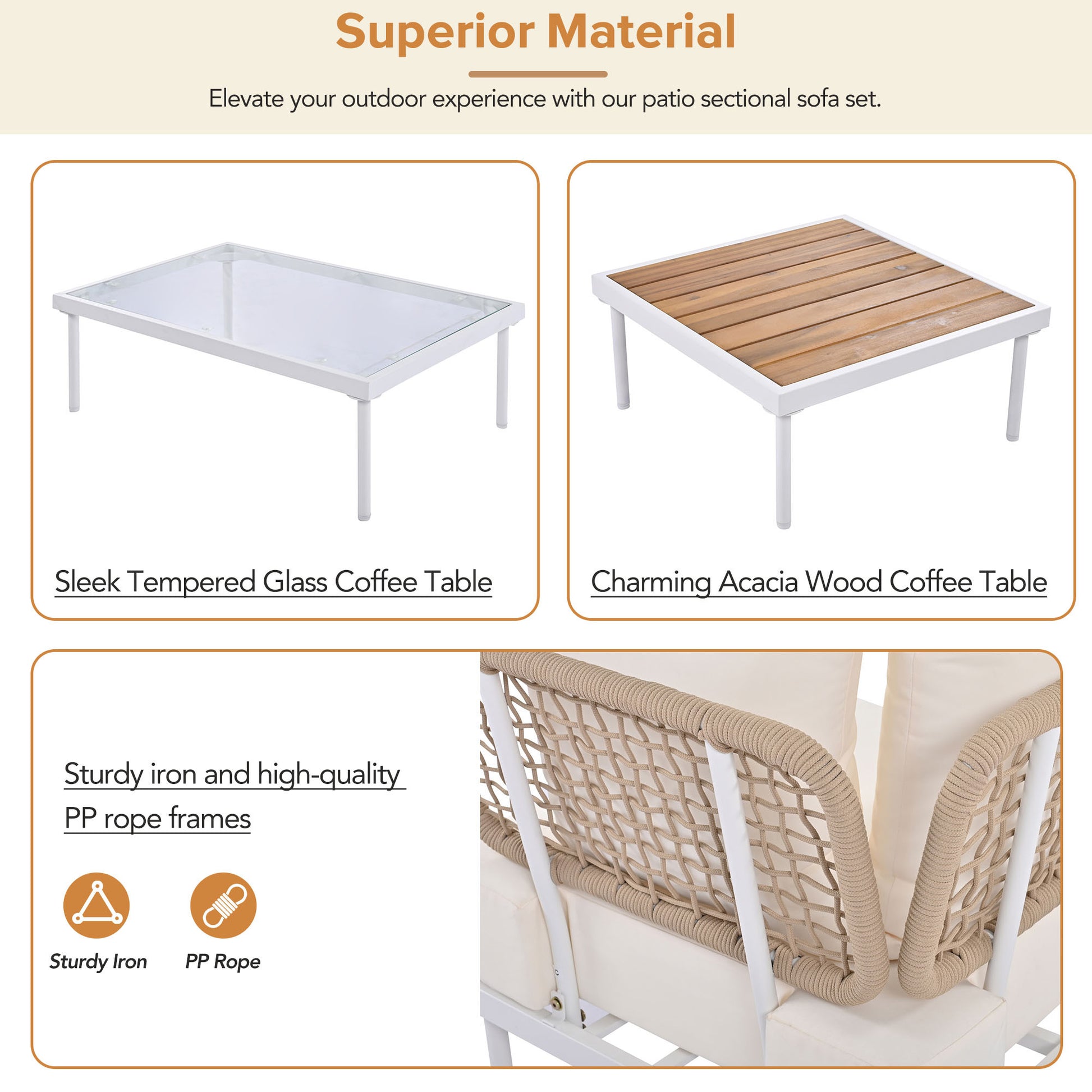 8 Piece Patio Sectional Sofa Set With Tempered Glass Coffee Table And Wooden Coffee Table For Outdoor Oasis, Garden, Patio And Poolside Beige Cushion White Steel Beige Iron