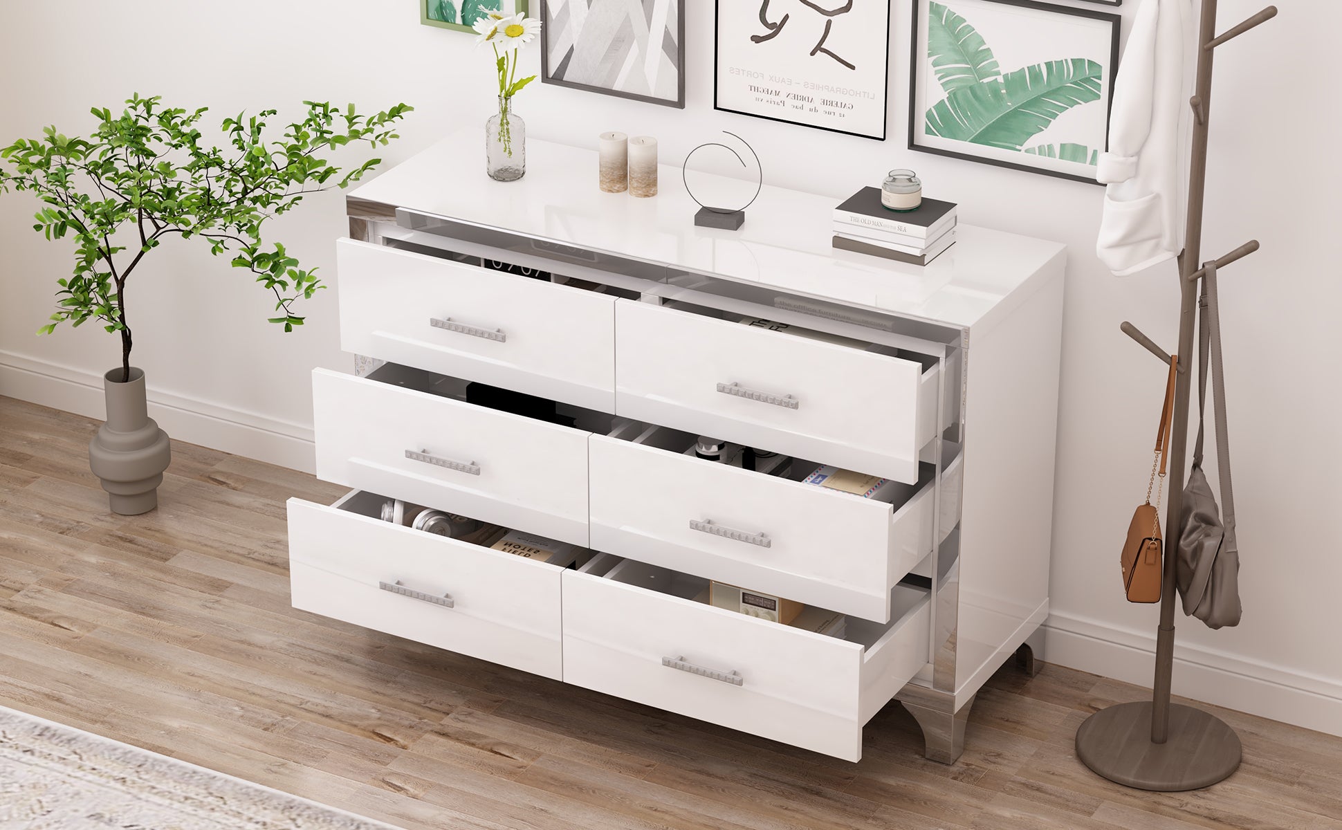 Elegant High Gloss Dresser With Metal Handle,Mirrored Storage Cabinet With 6 Drawers For Bedroom,Living Room,White White Mdf