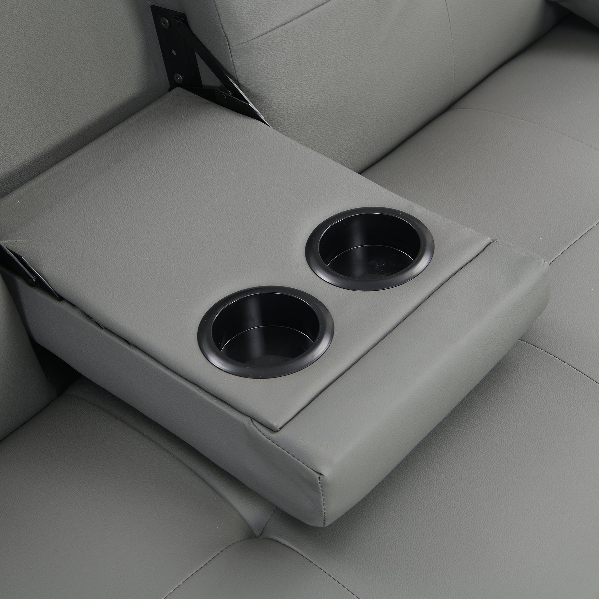 Sofa Bed With Armrest Two Holders Wood Frame, Stainless Leg, Futon Grey Pvc Grey Leather 2 Seat