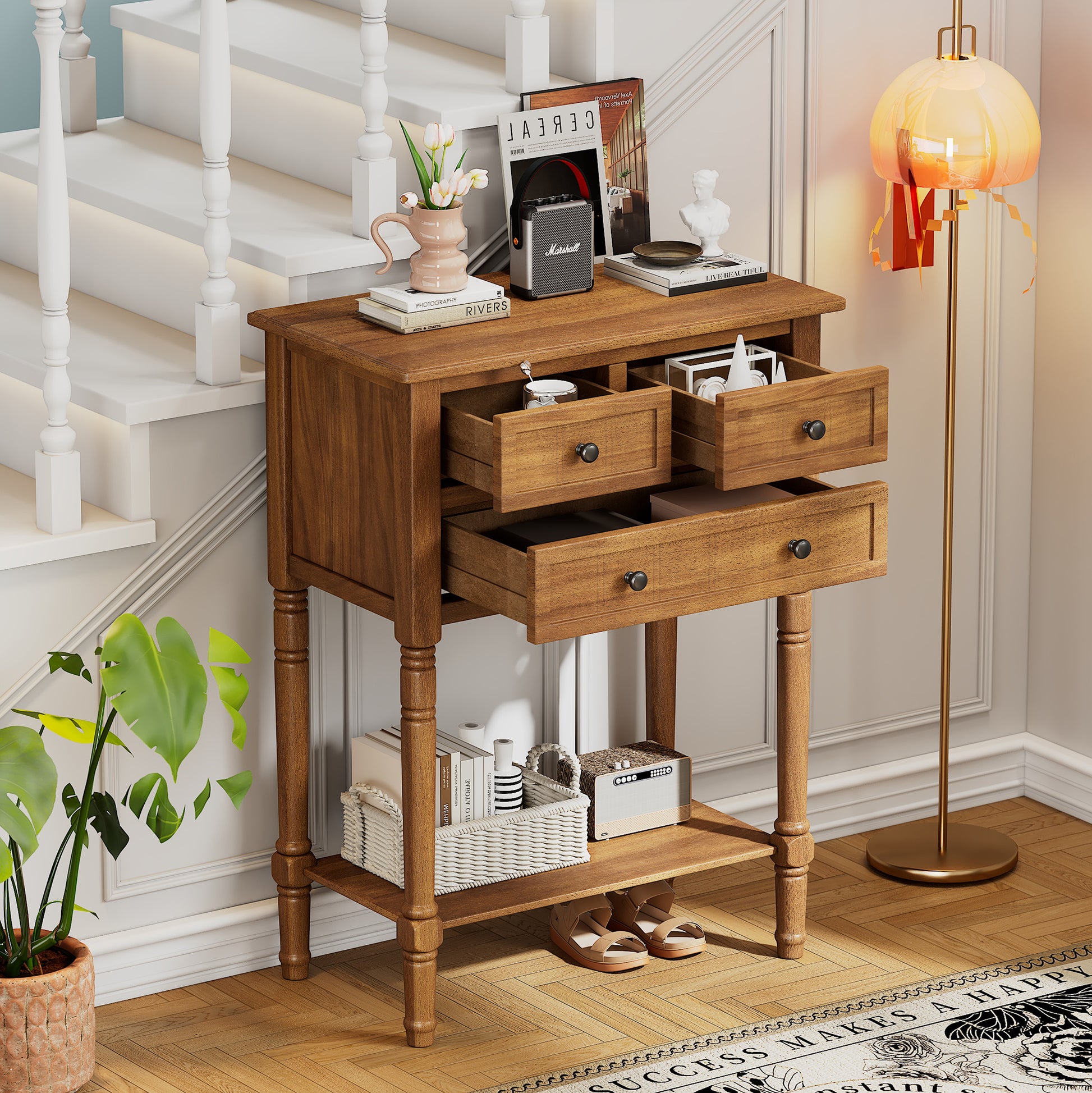 Narrow Console Table, Slim Sofa Table With Three Storage Drawers And Bottom Shelf Natural Natural Solid Wood Mdf