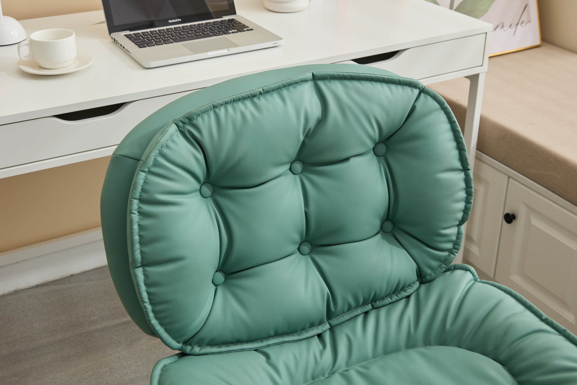 Armless Office Desk Chair With Wheels: Pu Leather Cross Legged Wide Chair,Comfortable Adjustable Swivel Computer Task Chairs For Home,Office,Make Up,Small Space,Bed Room Green Antique Fiber Foam And Polyester Fiber Pad Pvc