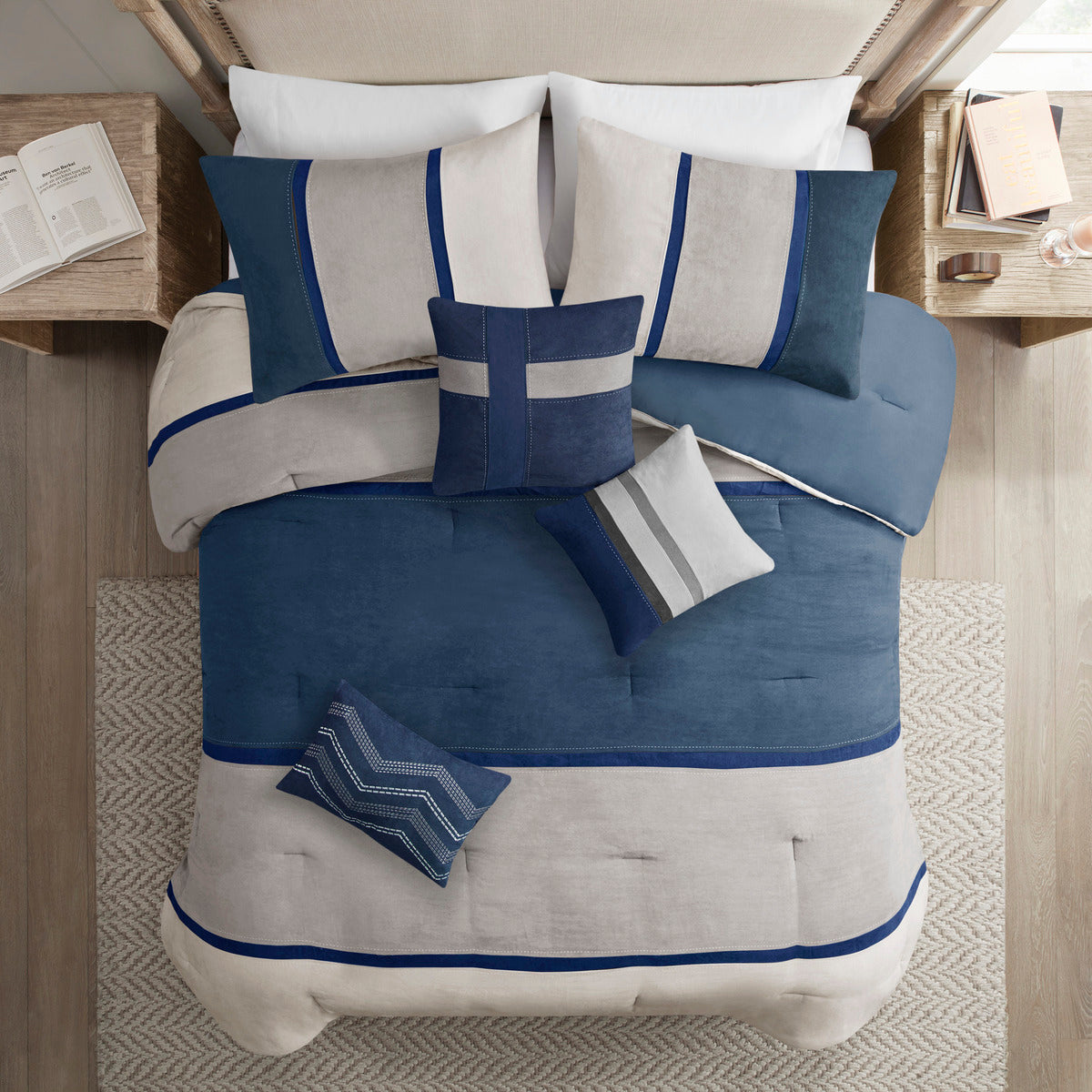7 Piece Faux Suede Comforter Set Blue Cal King California King Blue Polyester