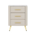Upholstered Wooden Nightstand With 3 Drawers And Metal Legs&Handles, Bedside Table With Marbling Stickers Worktop Beige Beige Velvet