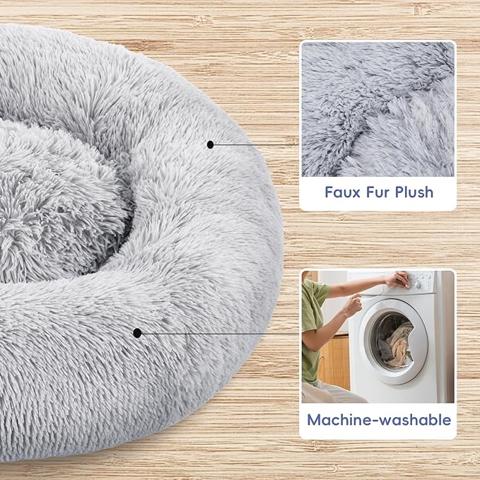 20 Inch Donut Dog Bed, Calming Bed For Dogs, Grey Cat Bed Washable, Round Dog Donut Bed Washable, Plush Fur Dog Bed, Dog Cuddle Bed Grey Faux Fur