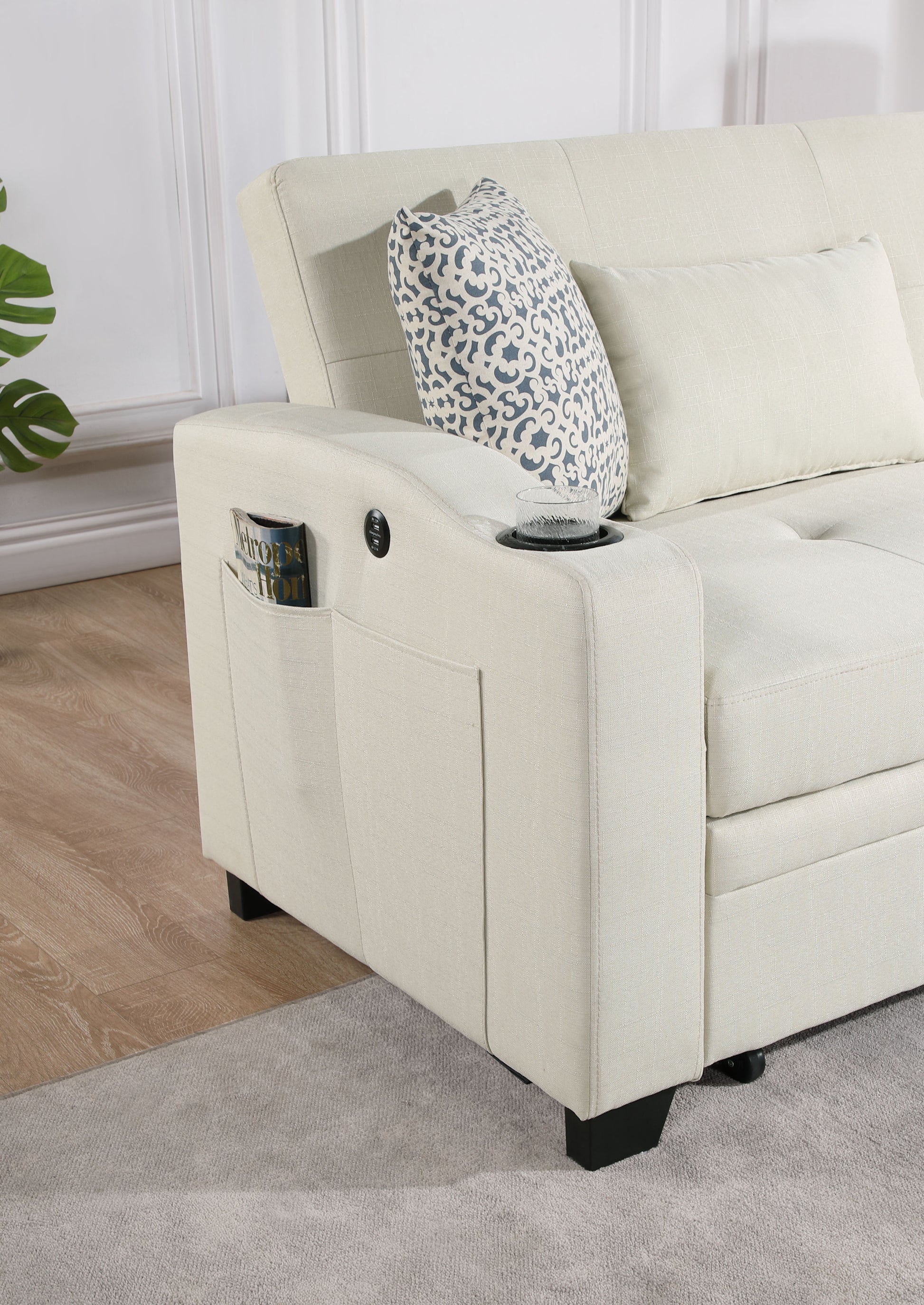 Bennett 71"W Beige Fabric Convertible Sleeper Loveseat With Usb Charger And Cupholders Beige Fabric