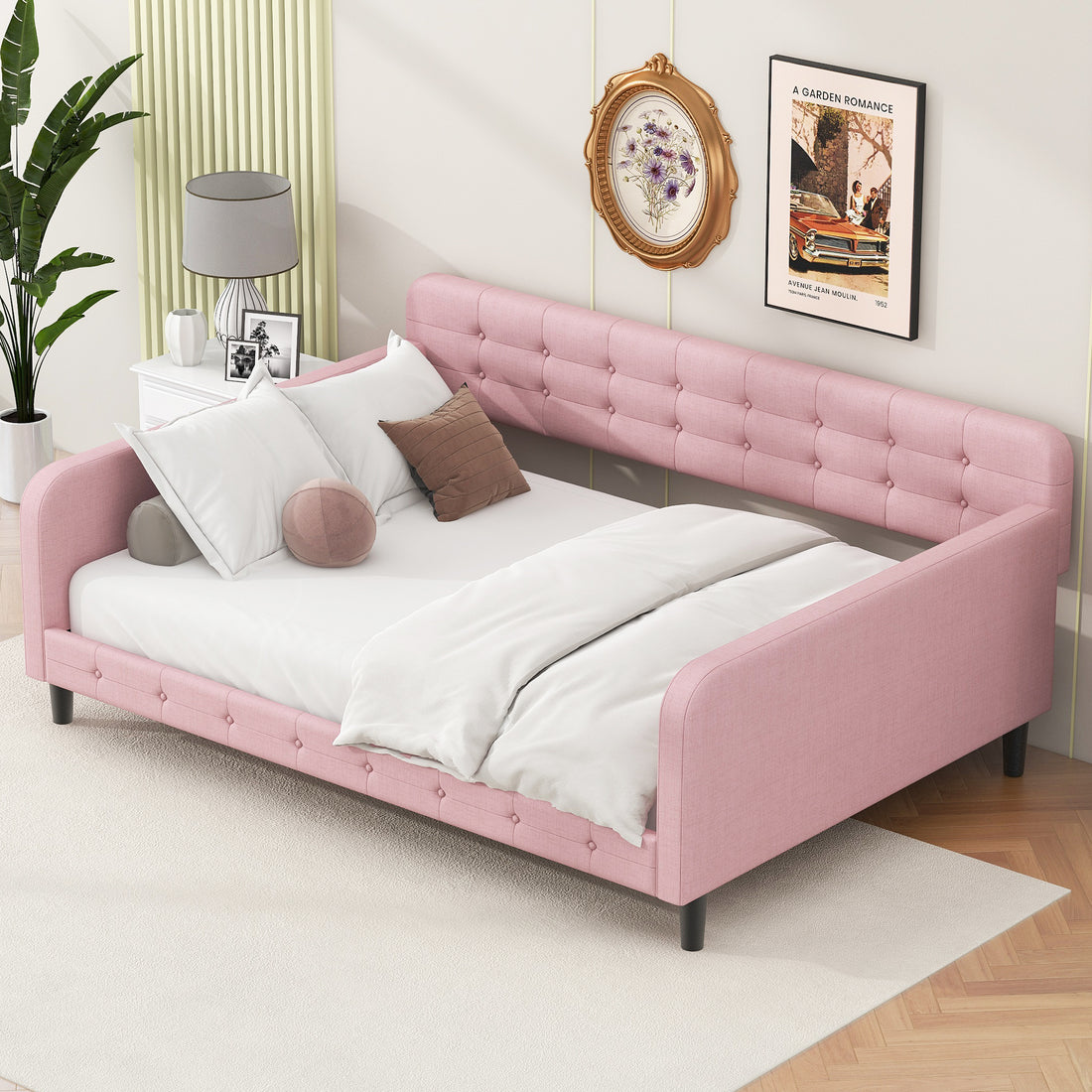 Full Size Upholstered Tufted Daybed With 4 Support Legs, Pink Box Spring Not Required Full Pink Wood Bedroom Daybeds Linen Upholstered