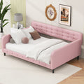 Full Size Upholstered Tufted Daybed With 4 Support Legs, Pink Box Spring Not Required Full Pink Wood Bedroom Daybeds Linen Upholstered