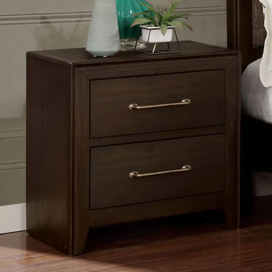 Walnut 1Pc Nightstand Only Solid Wood 2 Drawers Bedside Table Brushed Nickel Pull Modern Bedroom Walnut 2 Drawers Bedroom Bedside Cabinet Contemporary,Modern,Transitional Rubberwood Felt Lined