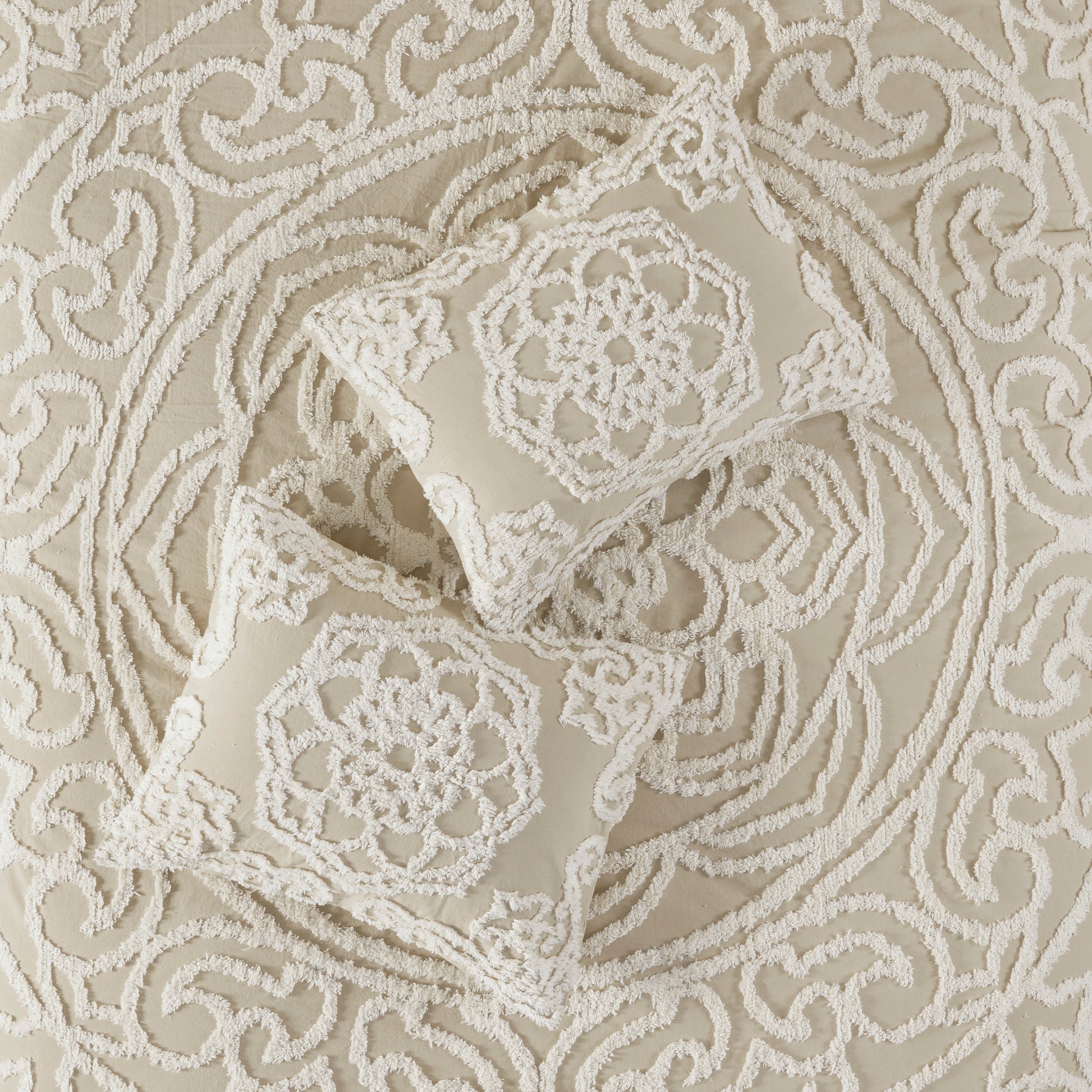 Tufted Cotton Chenille Medallion Comforter Set Taupe Full Queen Full Taupe Polyester