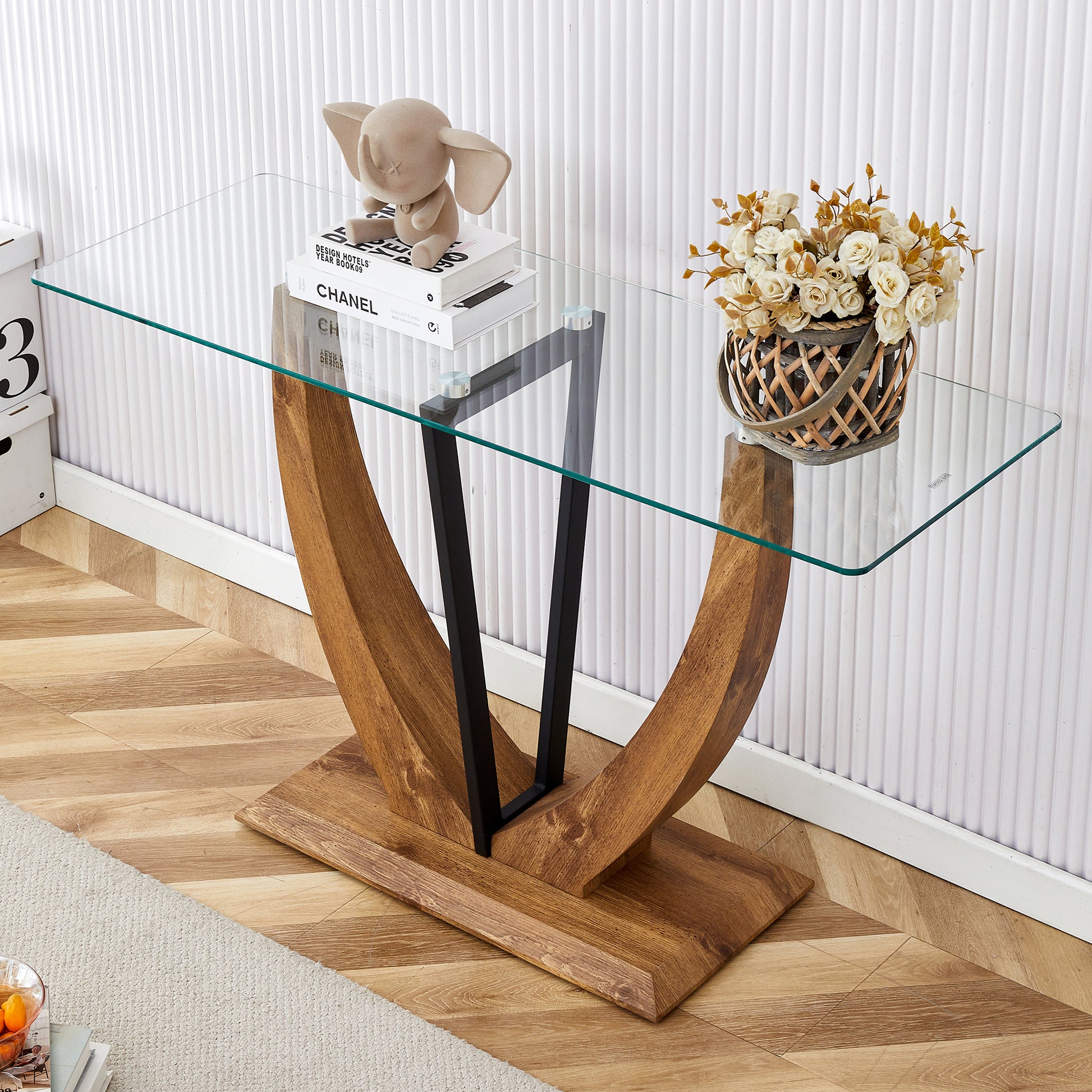 Modern Minimalist Rectangular Glass Table With 0.39 "Tempered Glass Top And Mdf Wood Grain Sticker Legs, Suitable For Entrance And Living Room. Transparent Glass