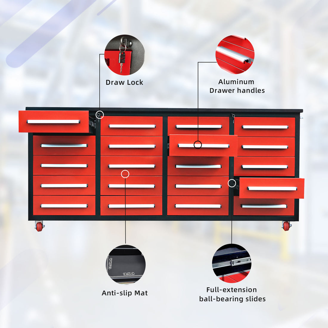 7Ft Garage Storage Cabinets With Workbench 20 Drawers Red Red Steel