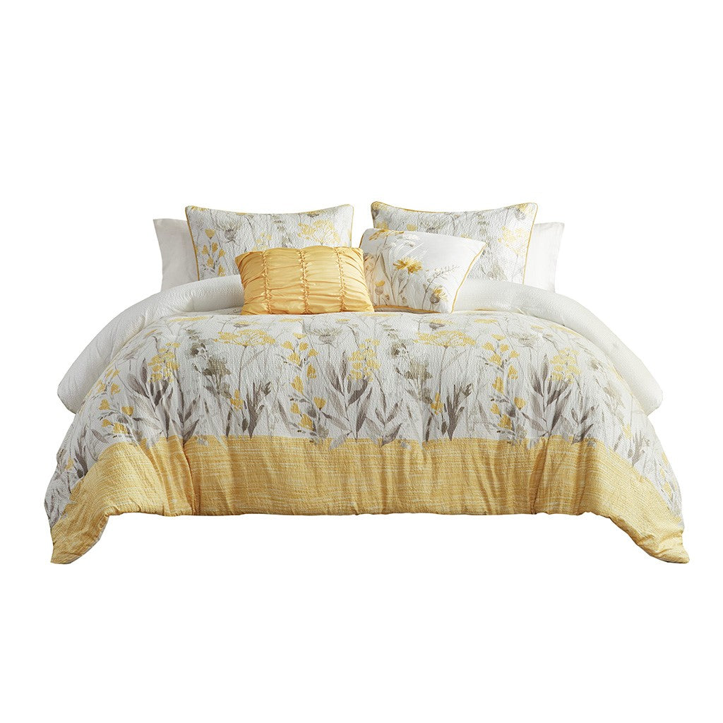 5 Piece Seersucker Comforter Set With Throw Pillows Yellow King Cal King King Yellow Polyester