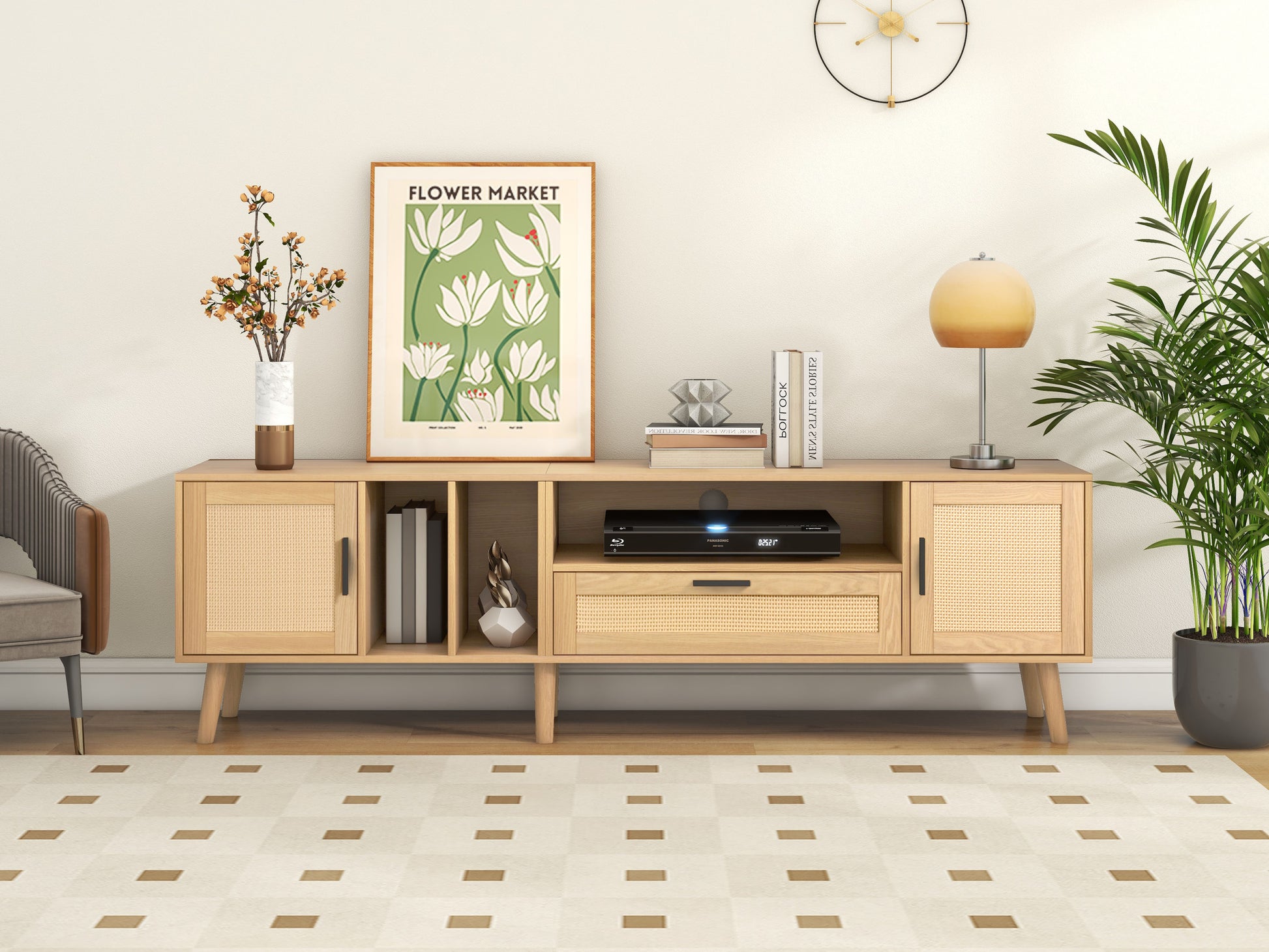 Rattan Tv Stand With 2 Cabinets & 2 Open Shelves, Rattan Inspired Media Console Table For Tvs Up To 80'', Entertainment Center With Solid Wood Legs, Tv Cabinet For Living Room, Bedroom, Home Theatre Natural Wood Primary Living Space 60 69 Inches 60 69