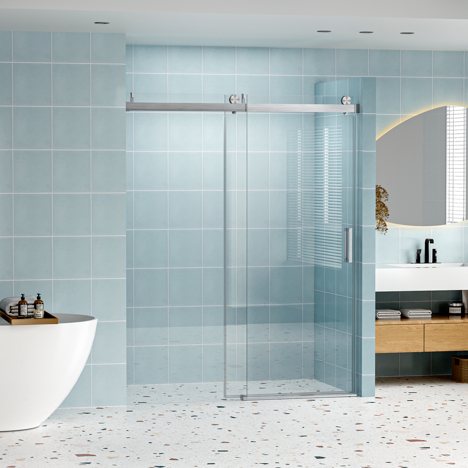 56" 60" W X 76" H Frameless Shower Door Soft Closing Single Sliding, 1 4" 6Mm Tempered Glass With Explosion Proof Coating, 24D01 60Bnx Brushed Nickel Brushed Nickel Bathroom Tempered Glass