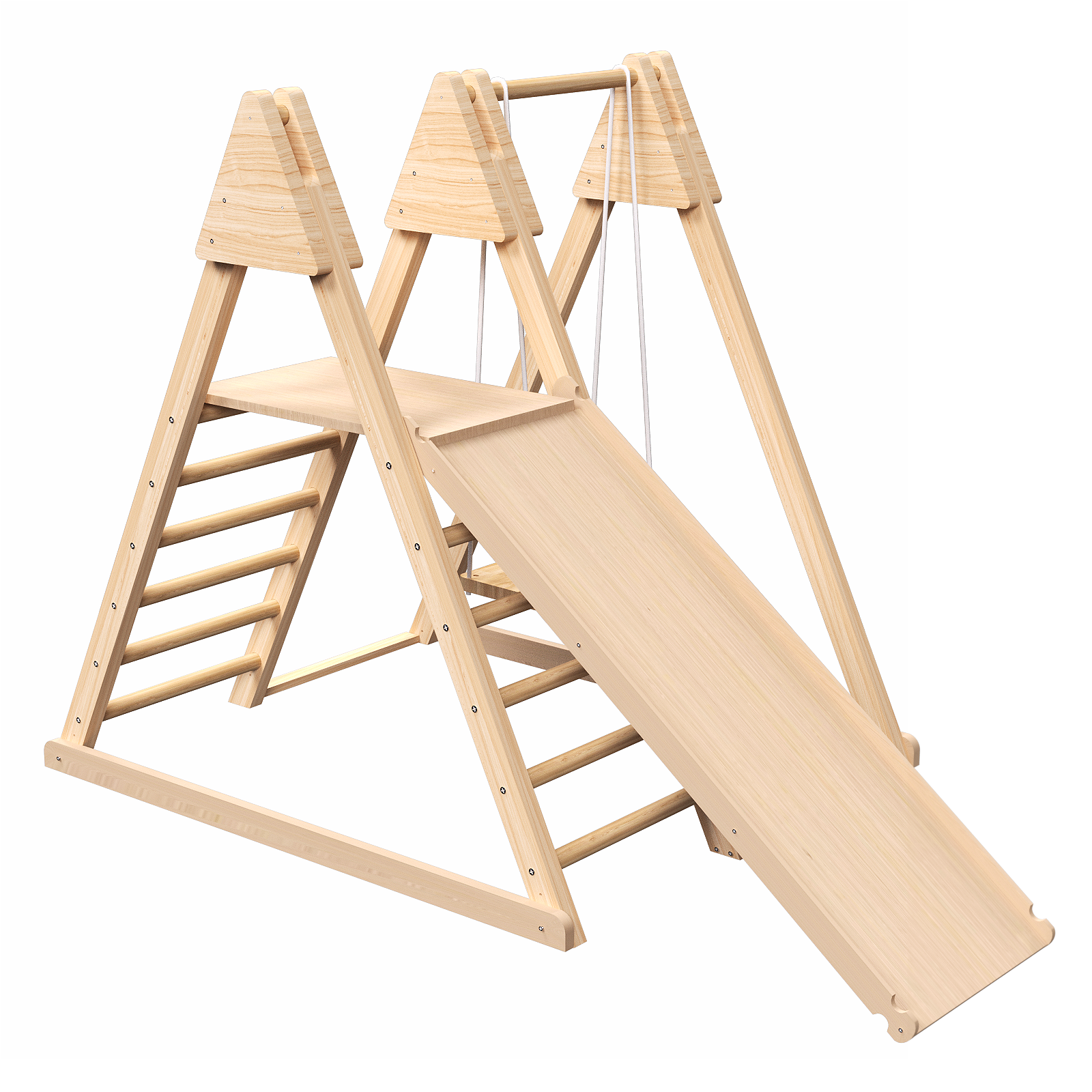 4 In 1 Juniper Indoor Play Gym Jungle Gym Playset With Baby Swing, Slide, Ladder, And Climbing Wall Foldable Wooden Playset Indoor Jungle Gym For Kids Natural Wood Pine