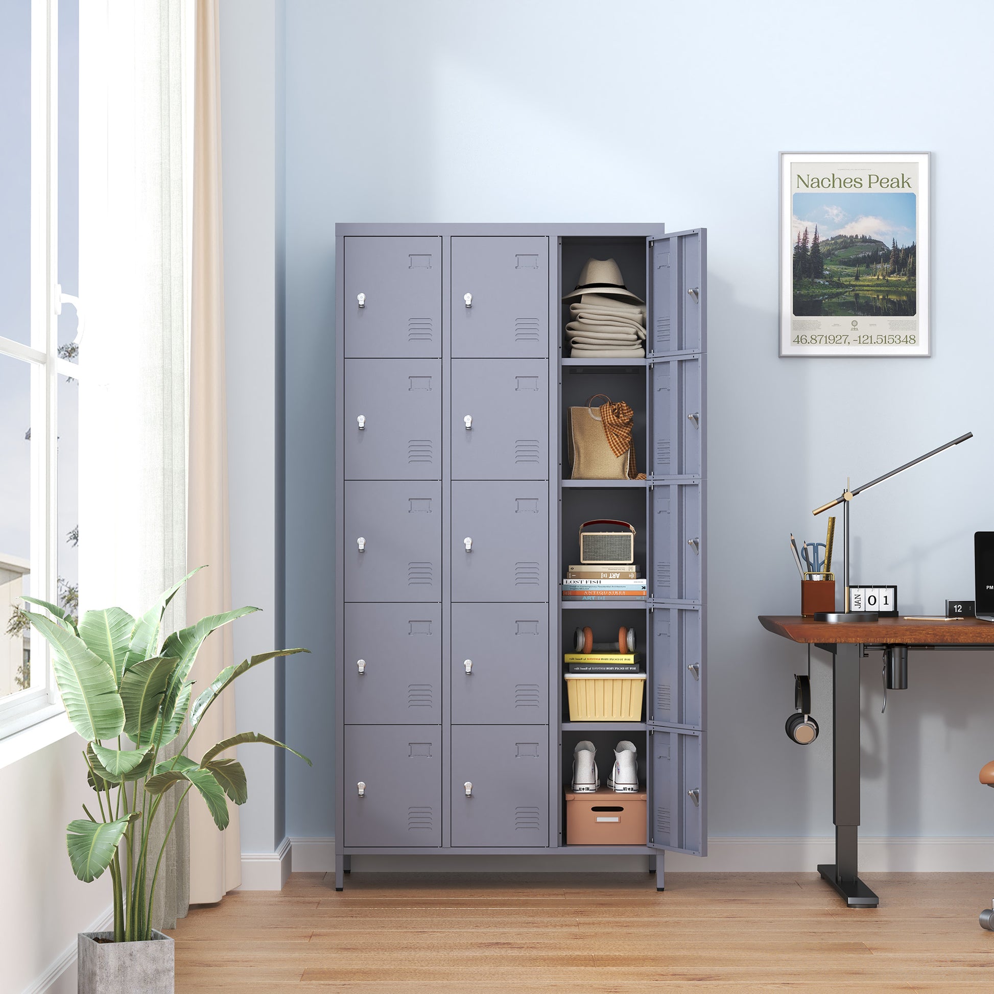 15 Door 72"H Metal Lockers With Lock For Employees,Storage Locker Cabinet For Home Gym Office School Garage,Easy Assembly,Gray 5 Or More Spaces Gray Primary Living Space Door Locks Modern Metal