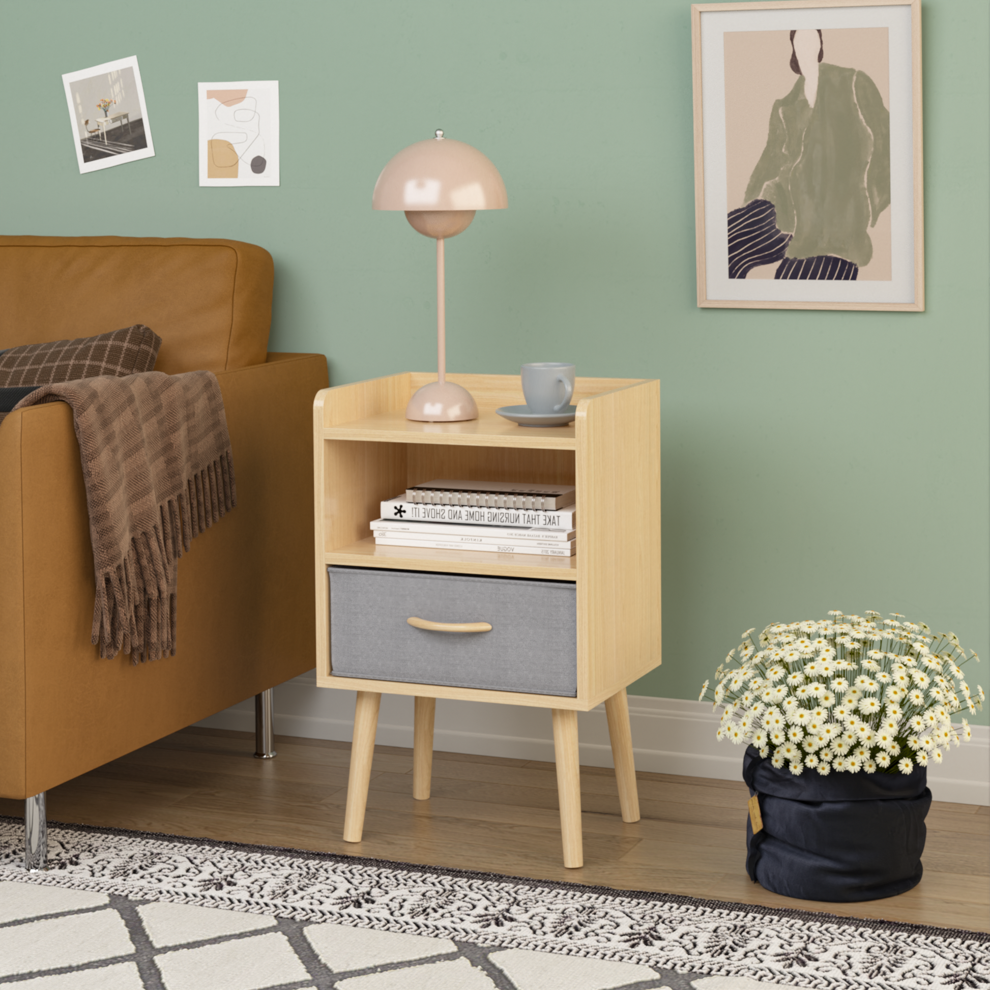 2Pc Nightstand With Collapsible Fabric Drawer, 2 Tier Storage End Table, Wood Side Table With Storage Cabinet For Bedroom, Living Room Oak Oak Engineered Wood