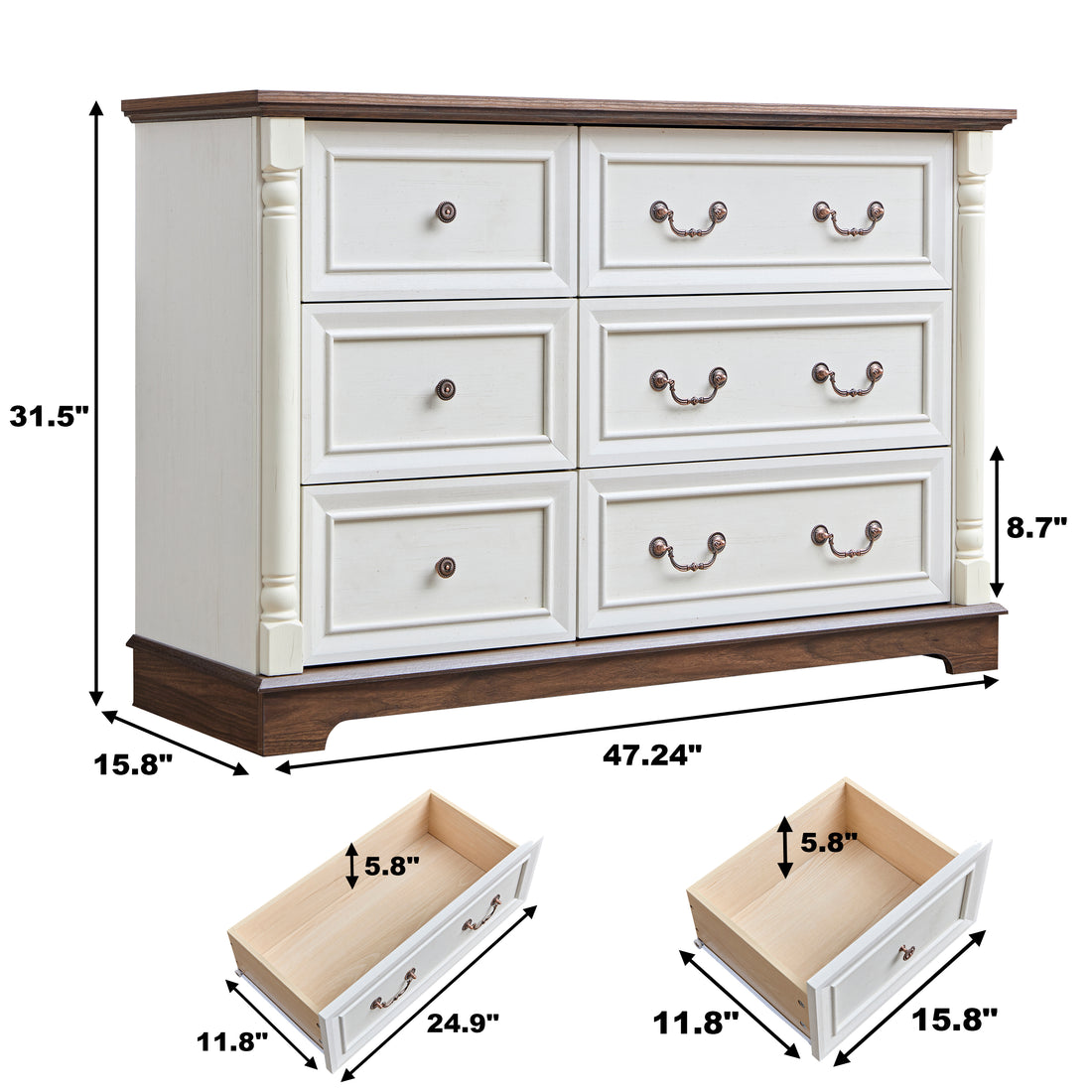 Farmhouse Style 6 Drawer Dresser Chest With Base Wooden Rustic Chest Of Drawers, Storage Dresser Organizer For Bedroom, Living Room, Beautiful Sturdy And Durable Walnut Mdf