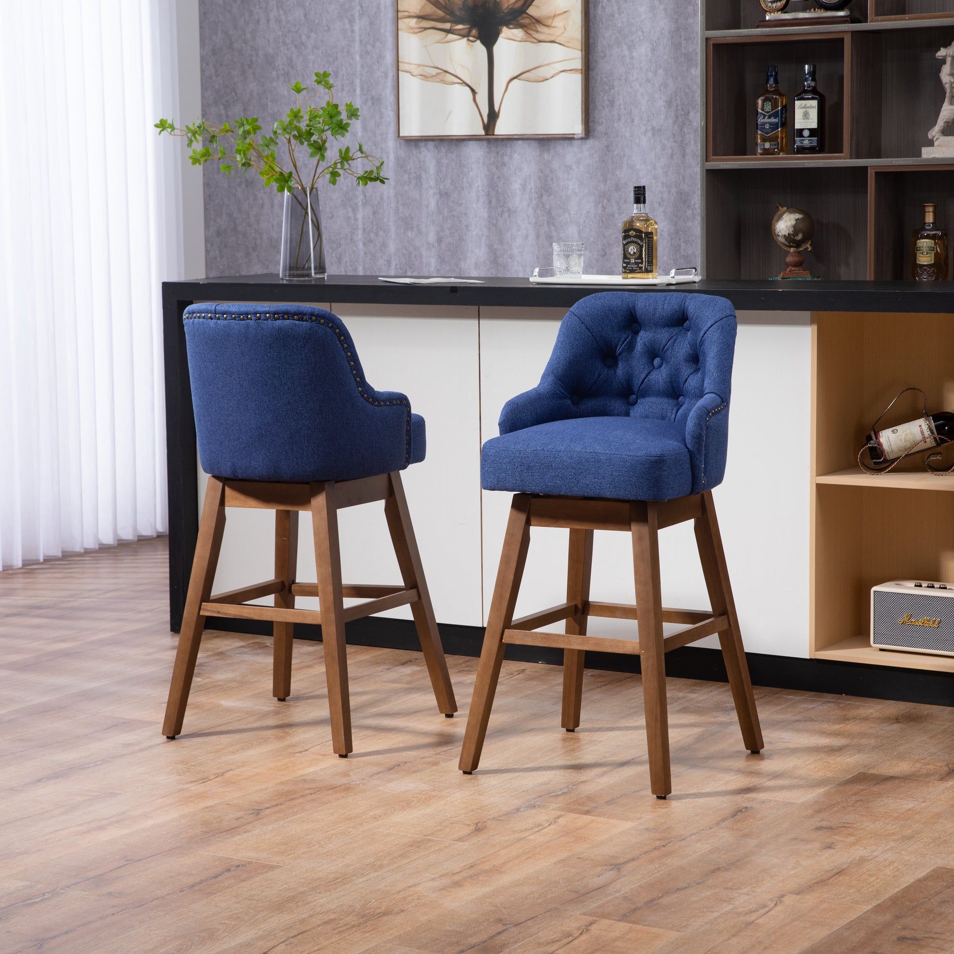 Coolmore Bar Stools Set Of 2 Counter Height Chairs With Footrest For Kitchen, Dining Room And 360 Degree Solid Wood Legs Swivel Bar Stools Set Of 2 Navy Linen Navy Foam Linen