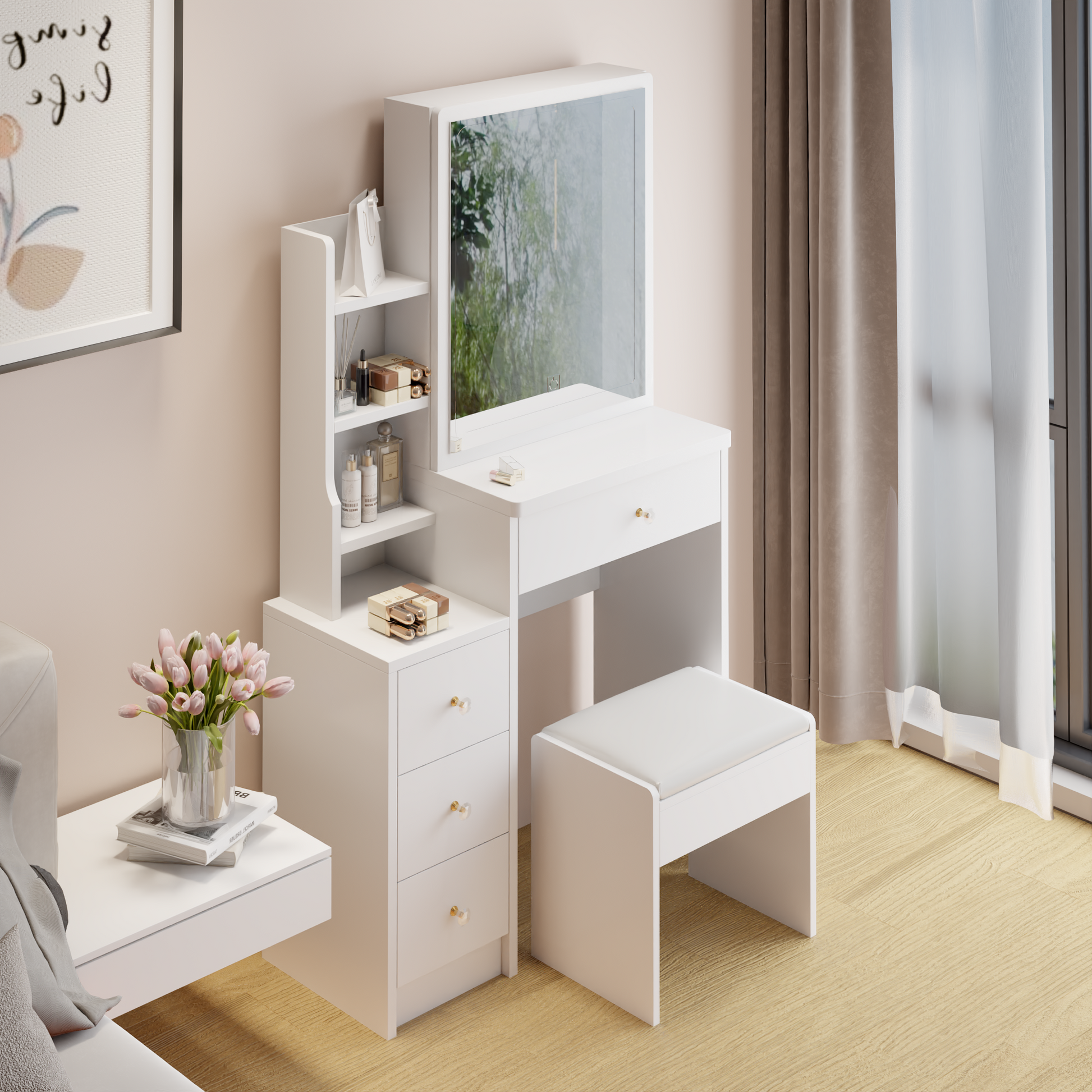 Small Space Left Bedside Cabinet Vanity Table Cushioned Stool, Extra Large Right Sliding Mirror, Multi Layer High Capacity Storage, Practical Fashionable Dresser, Suitable For Girls Up To 5.6Ft Tall