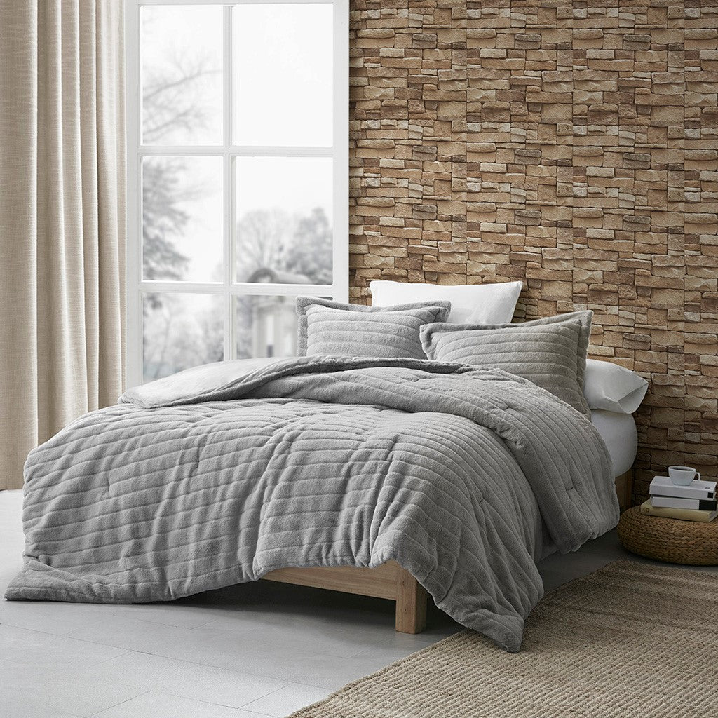 Faux Fur Comforter Set King Grey Polyester