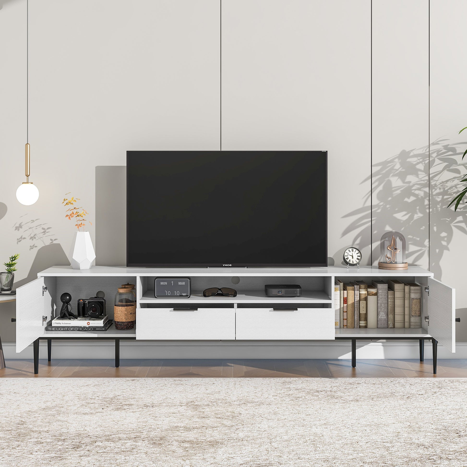 Modern Tv Console, Entertainment Center With Storage For Living Room 70.86X15.74X21.85Inch 5 Or More Spaces White Primary Living Space Particle Board