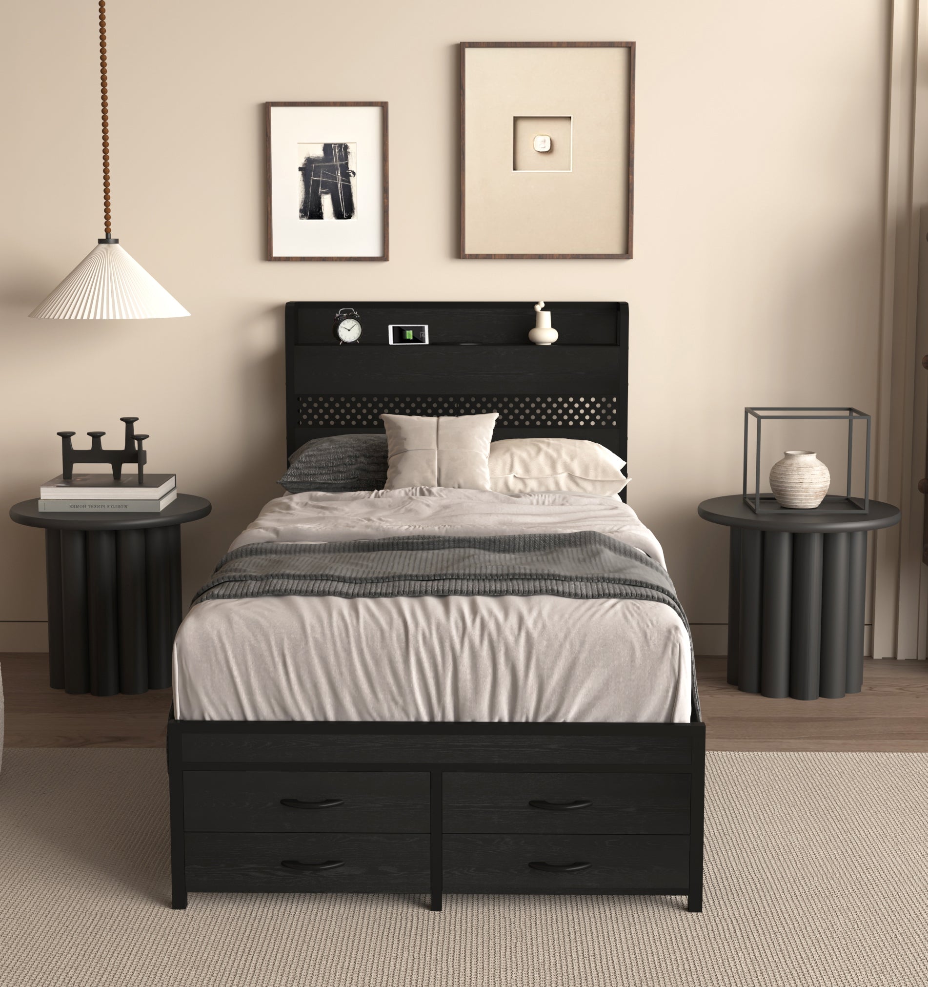 Twin Bed Frames With Headboard, Twin Size Bed Frames With Storage Drawers, Twin Bed, Black Metal Platform Bed Frame, Single Bed Frame, No Box Spring Needed Black Mdf Metal