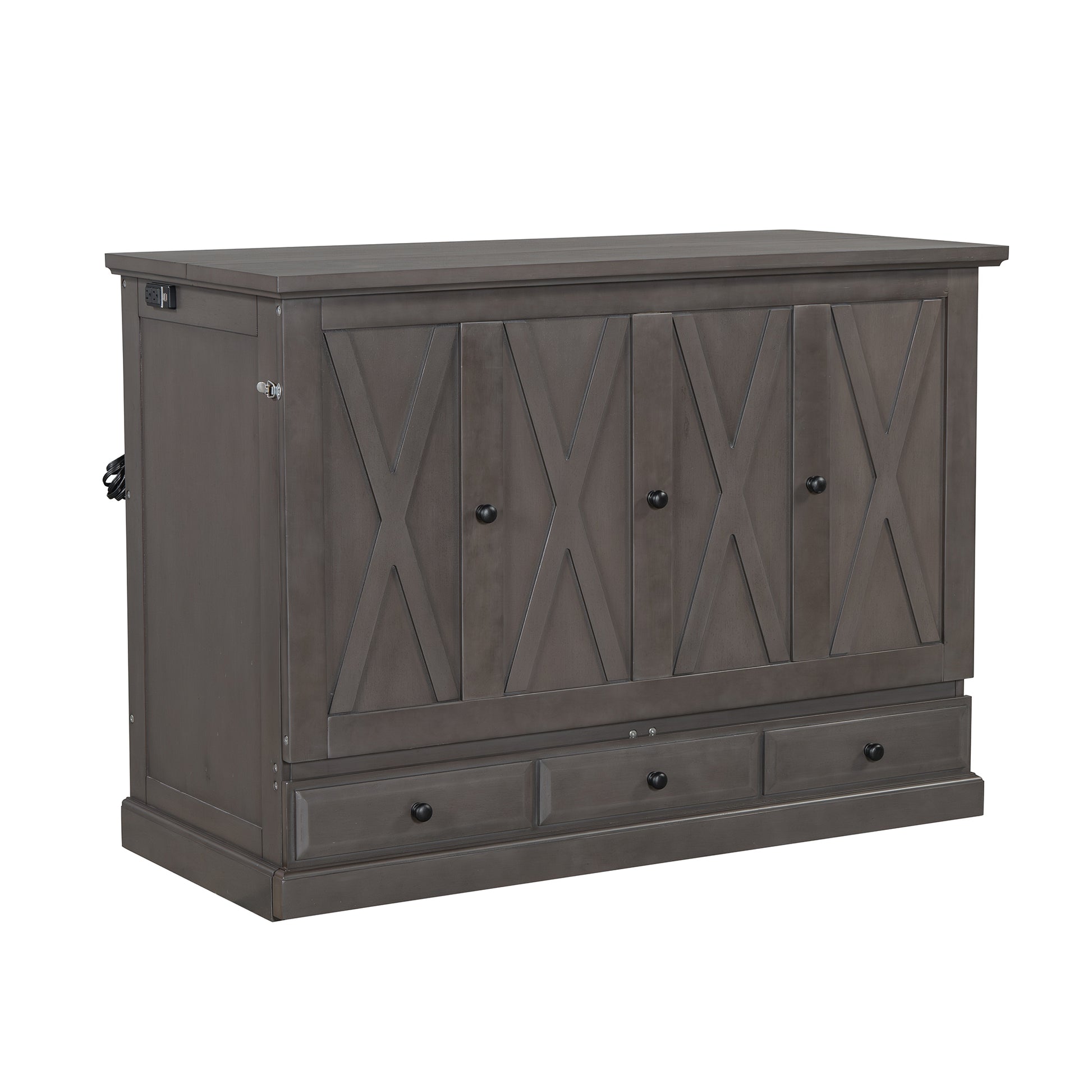 Solid Pine Murphy Bed Chest Cube Cabinet Bed With Charging Station And Large Storage Drawer For Home Office Or Small Room,Full,Gray Box Spring Not Required Full Gray Wood Gray Pine Murphy Solid Wood Mdf