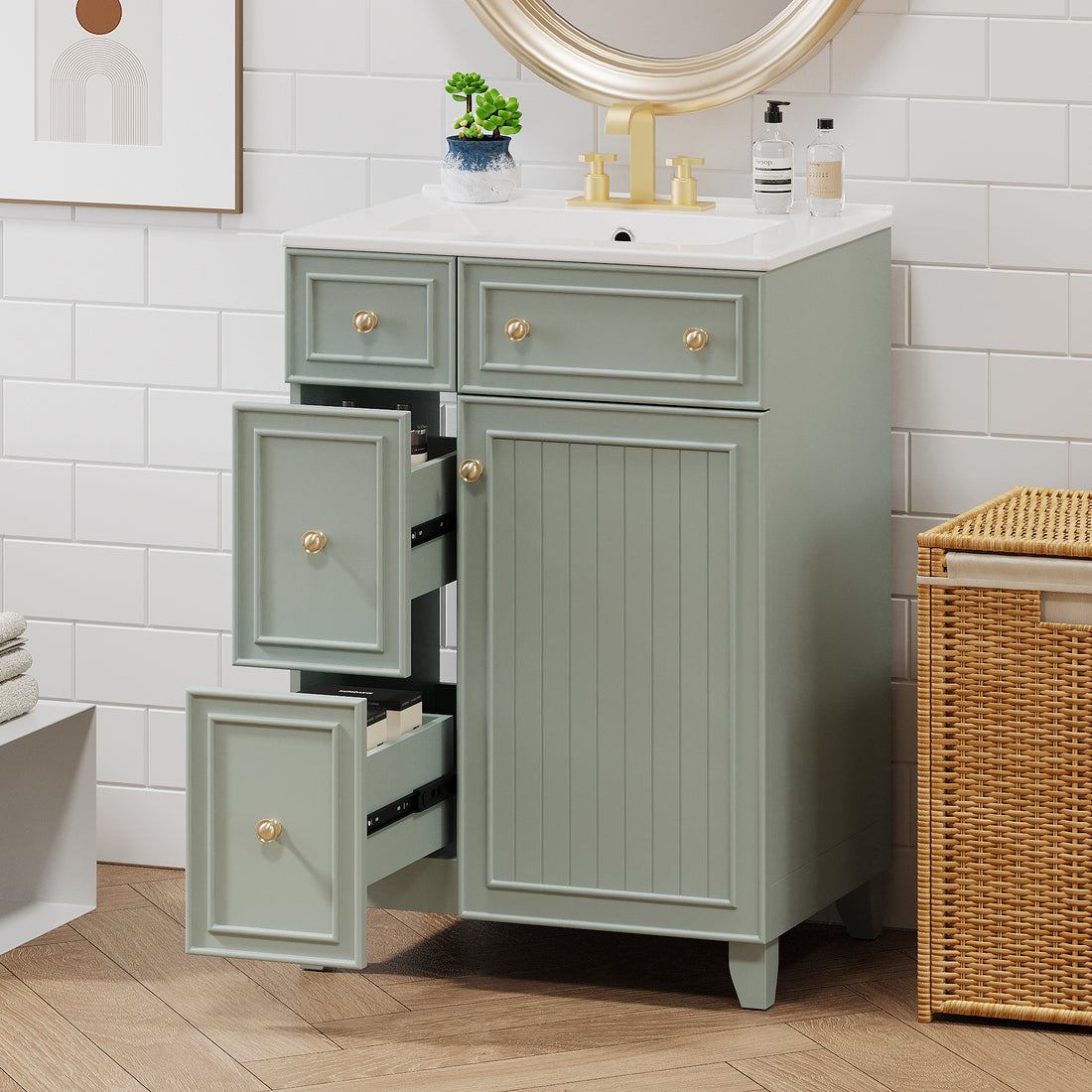 24 Inch Bathroom Vanity Cabinet With Ceramic Sink, 2 Drawers, 1 Door Green Bathroom Solid Wood Mdf
