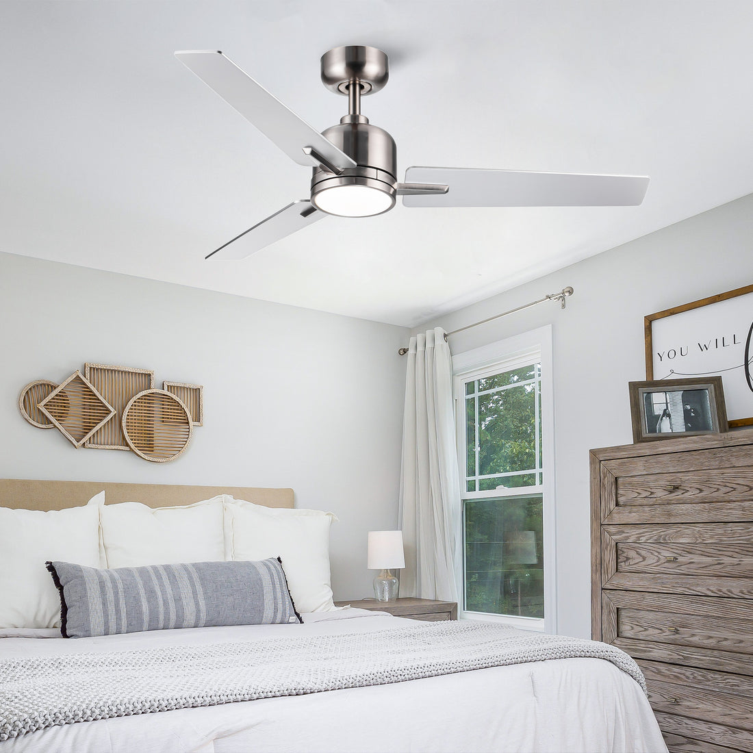 48" Brushed Nickel Lowe Profile Ceiling Fan With Light Brushed Nickel Plywood