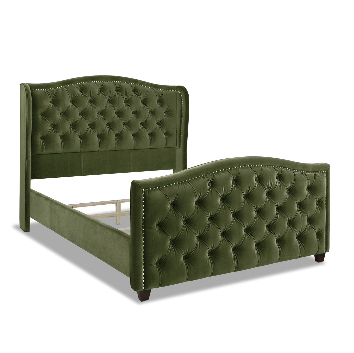 Marcella Upholstered Shelter Headboard Bed Set, Queen, Olive Green Performance Velvet Box Spring Required Queen Olive Green Wood Foam Velvet Velvet