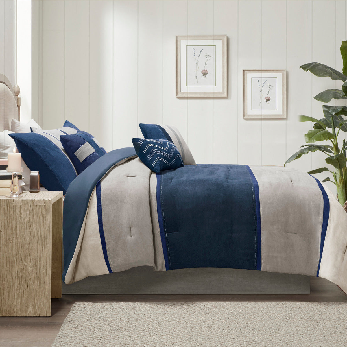 7 Piece Faux Suede Comforter Set Blue Cal King California King Blue Polyester