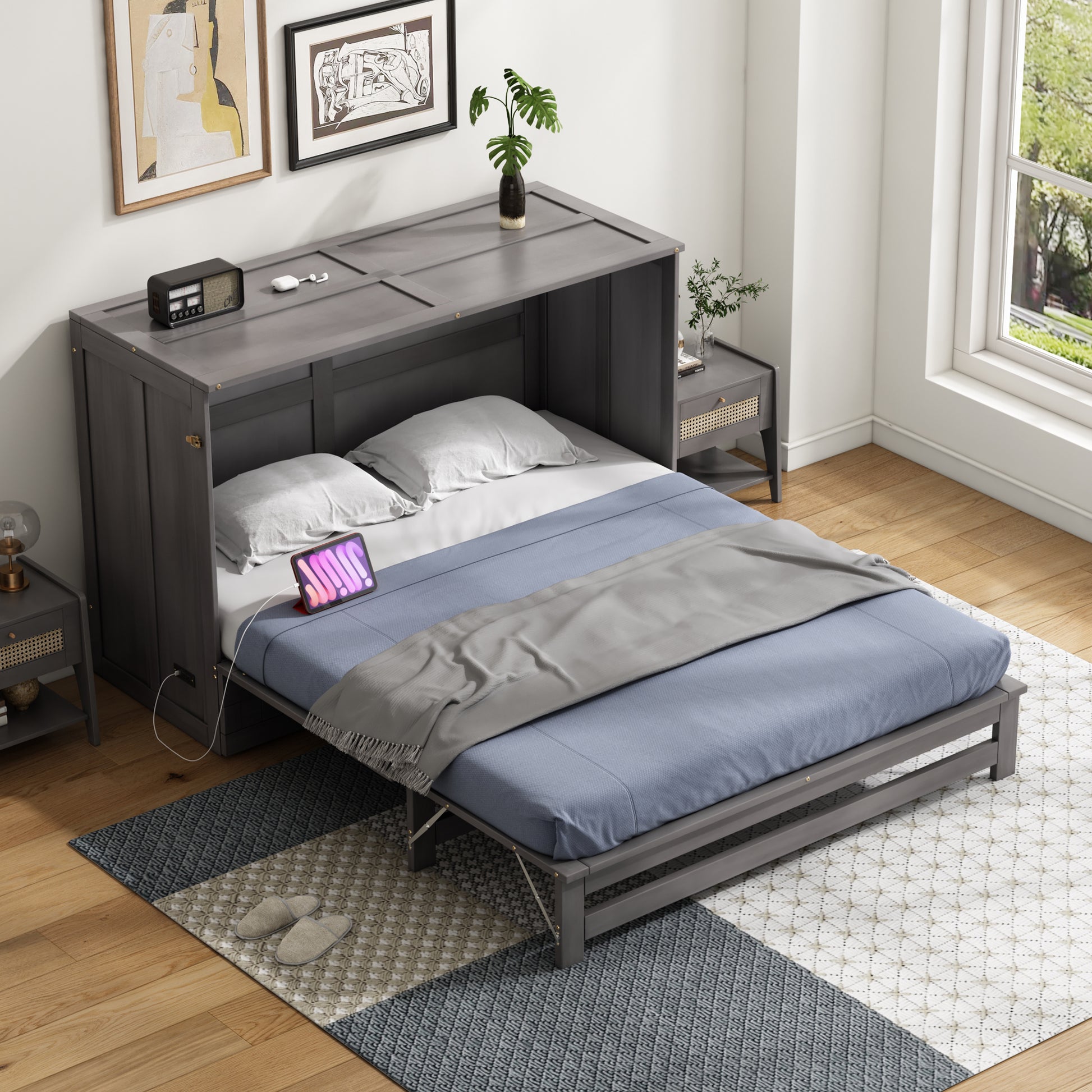 Queen Size Murphy Bed With Built In Charging Station, Antique Grey Box Spring Not Required Queen Antique Gray Wood Pine Wood